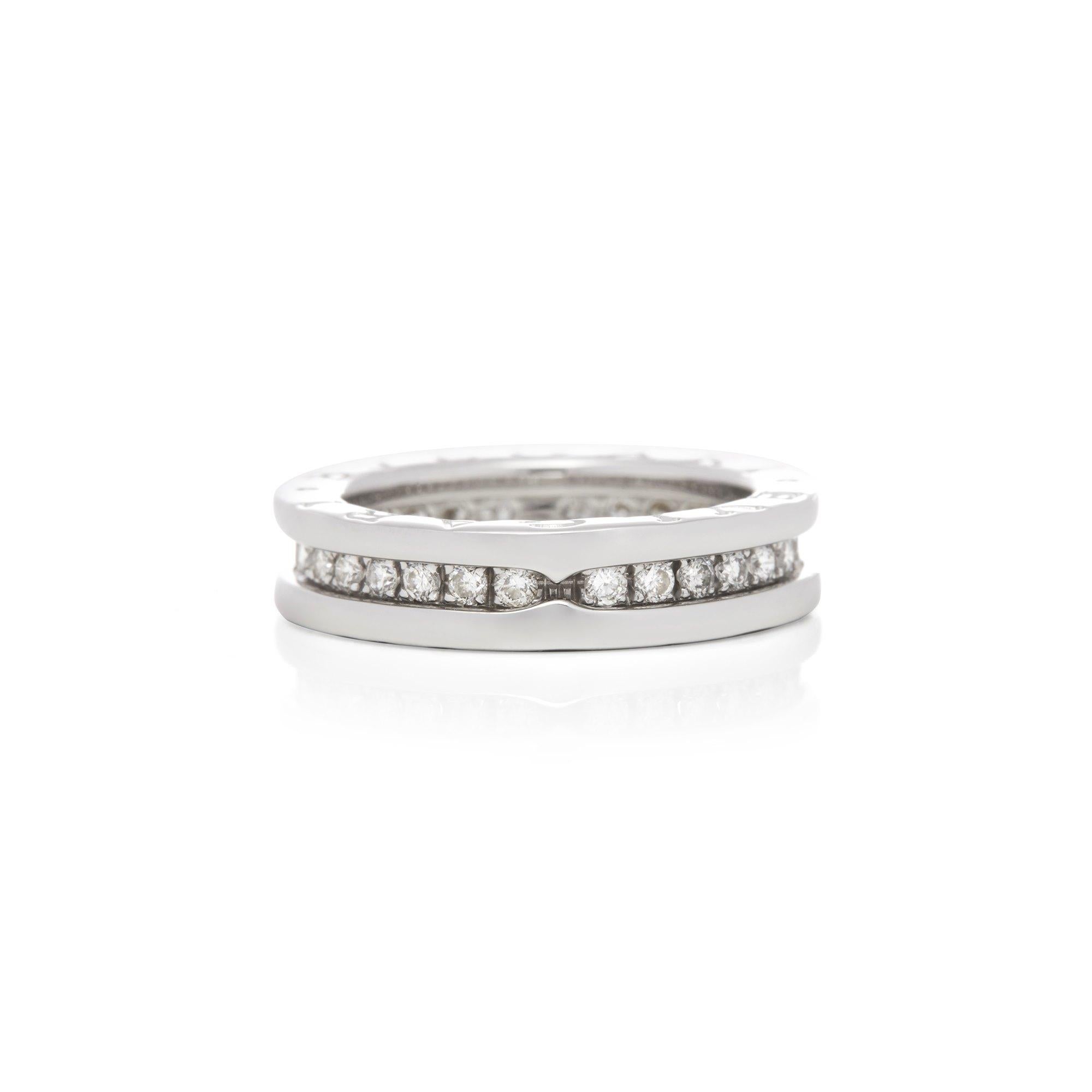 This Ring by Bulgari is from their B.Zero 1 collection features 31 round brilliant diamonds totalling 0.62ct, clarity VS, colour G created in 18k White Gold. UK Finger Size H, EU Size 47, USA Size 4. Complete with Original Box. Our Xupes reference