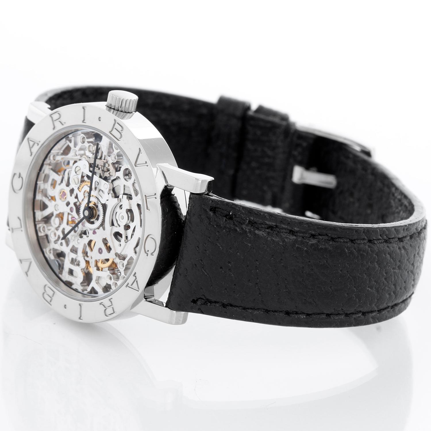 Bulgari 18k White Gold Skeleton Strap Watch BB.W.33.GL.SK.P - Automatic winding. 18k white gold skeleton case (33mm diameter). Skeleton dial. Strap band with 18k white gold buckle. Pre-owned with custom box .