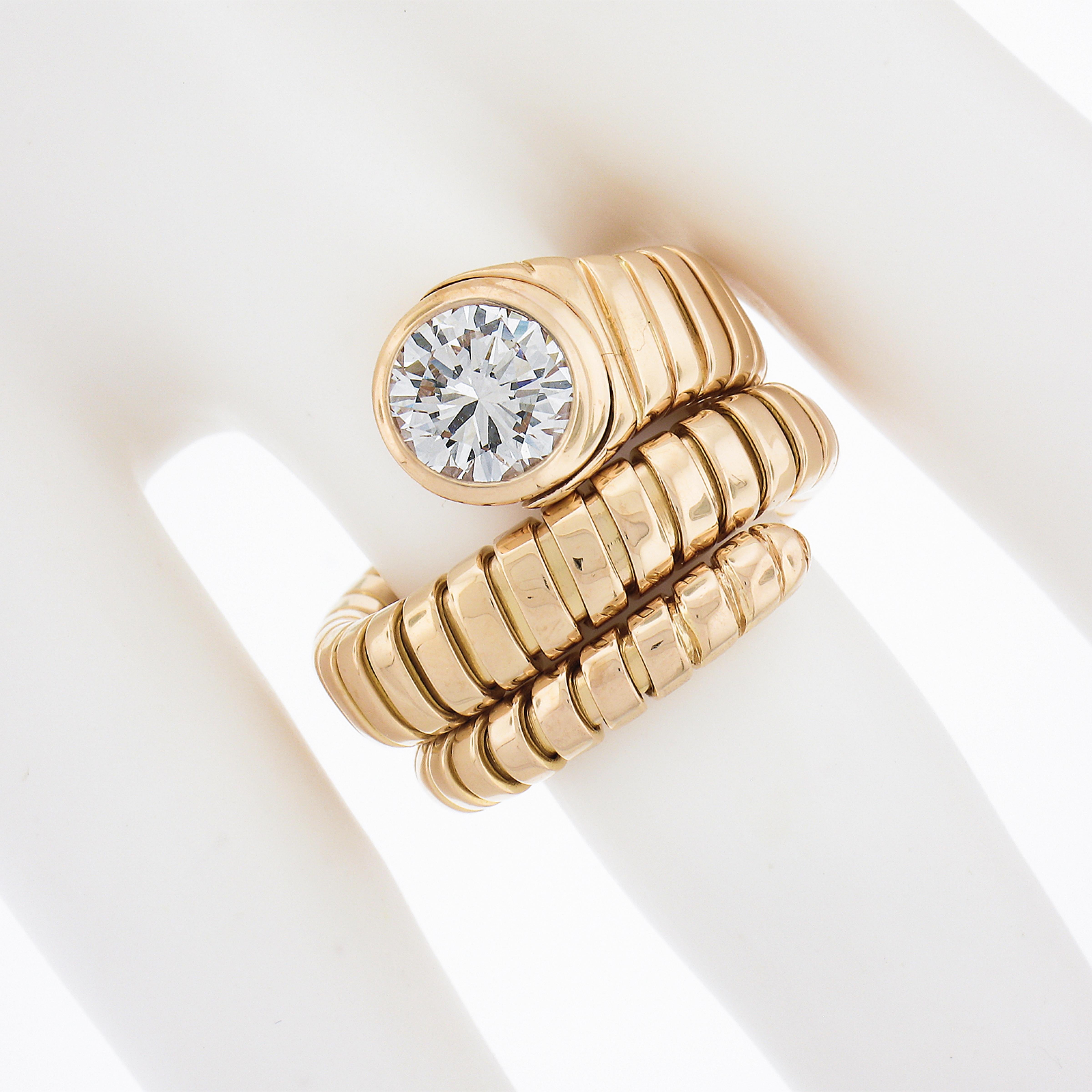 Round Cut Bulgari 18k Yellow Gold 1.3ct Solitaire Diamond Tubogas Snake Wrap Ring Size 5.5