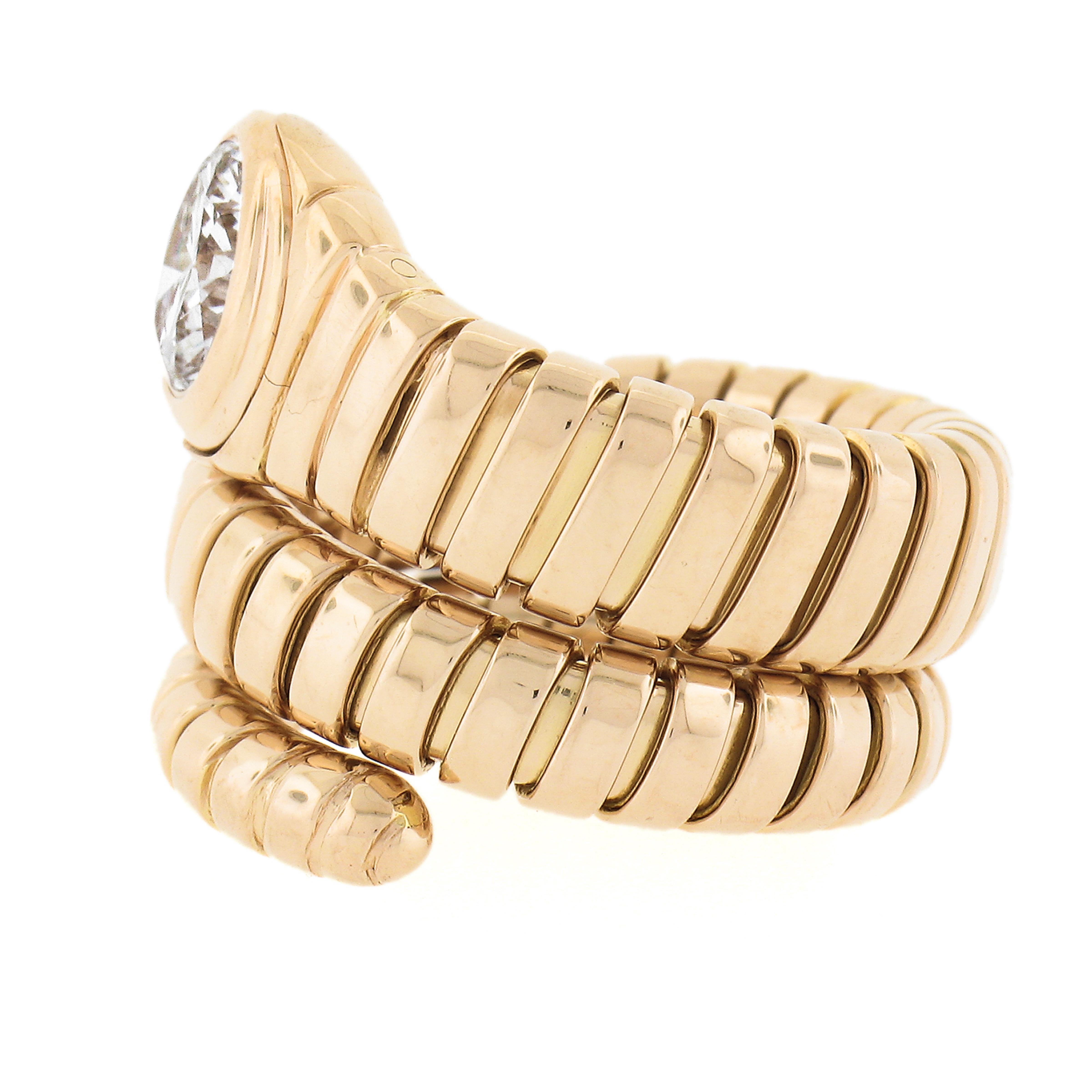 Women's Bulgari 18k Yellow Gold 1.3ct Solitaire Diamond Tubogas Snake Wrap Ring Size 5.5 For Sale