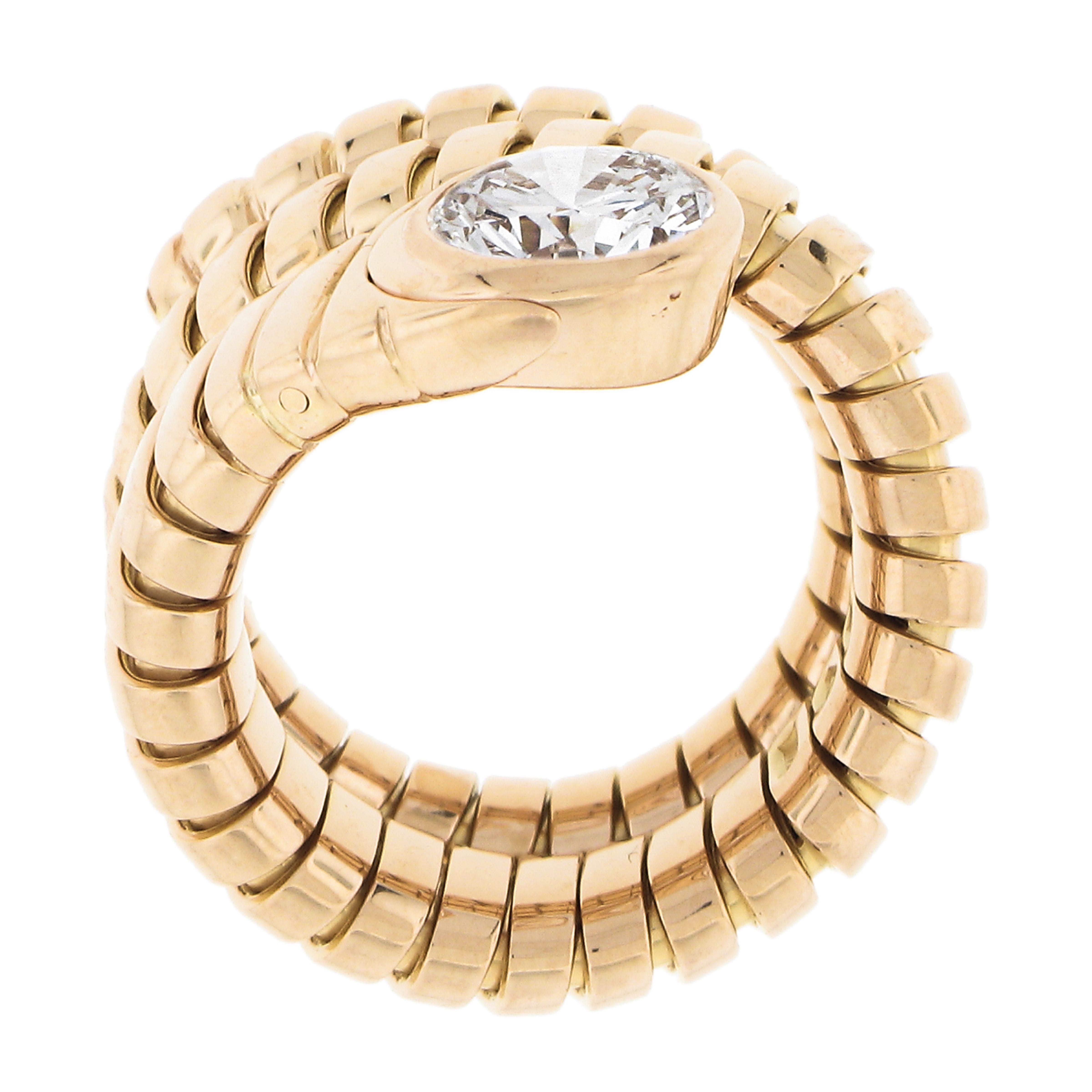 Bulgari 18k Yellow Gold 1.3ct Solitaire Diamond Tubogas Snake Wrap Ring Size 5.5 For Sale 3