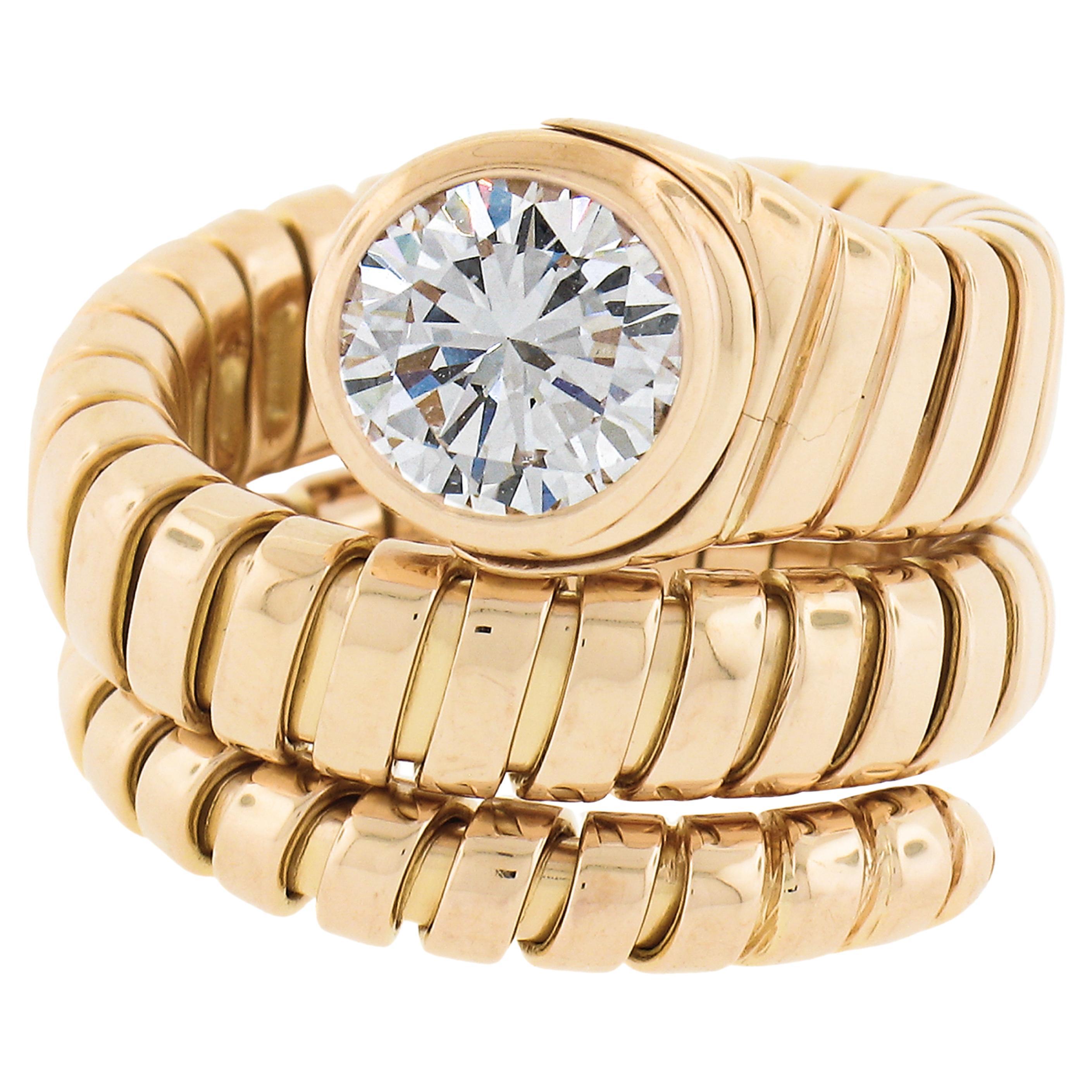 Bulgari 18k Yellow Gold 1.3ct Solitaire Diamond Tubogas Snake Wrap Ring Size 5.5 For Sale