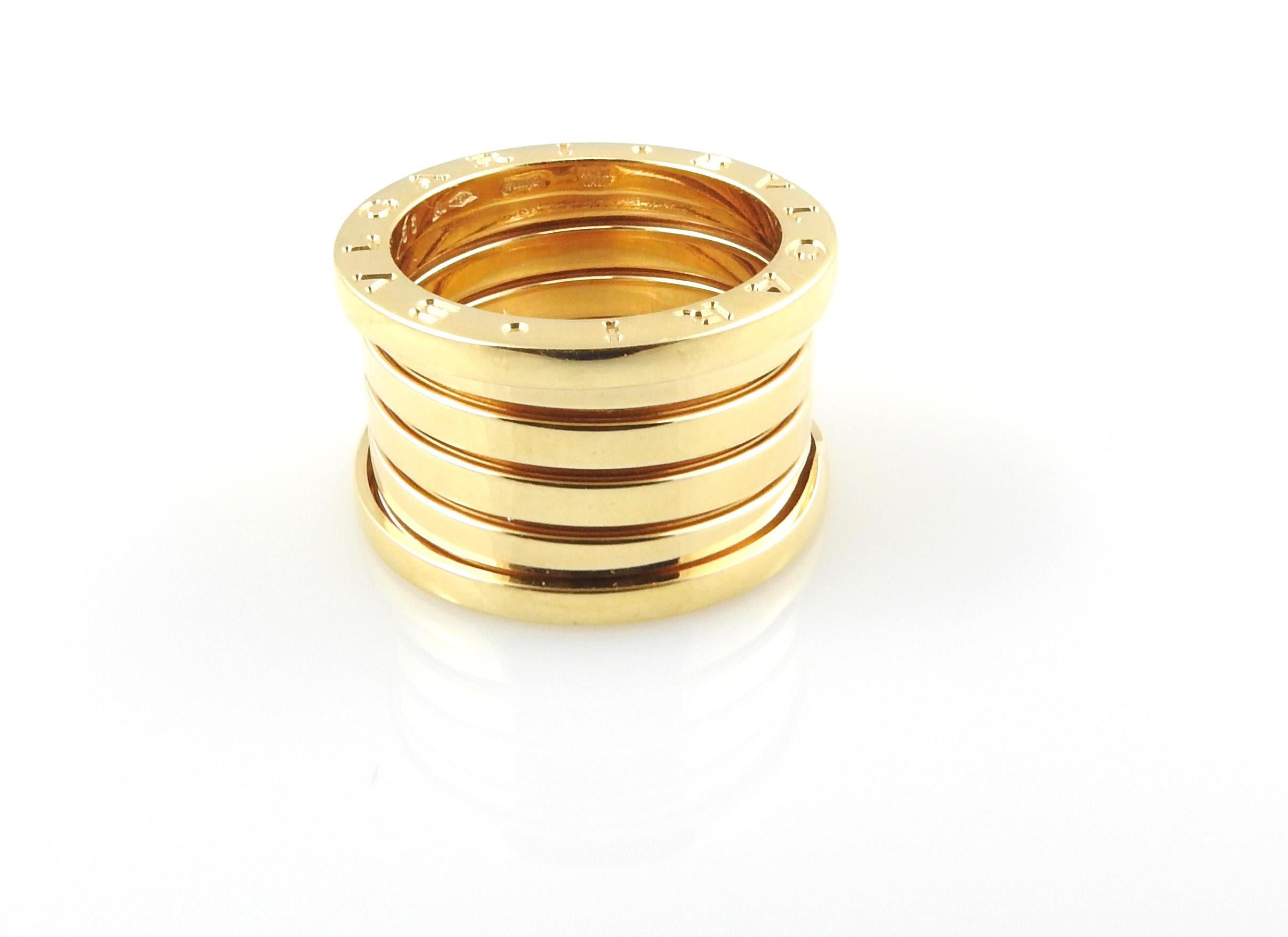 Bulgari 18K Yellow Gold B Zero 1 4 Band Ring

This beautiful and classic 4 band ring by Bvlgari is set in 18K Yellow Gold.

Size 53 - 6.5

Stamped 53 SU 750 *2337AL 750

Approx. 13mm wide

8.47 dwt/ 13.17 g

Very good preowned condition. Just