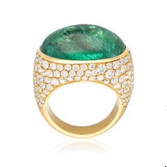 BULGARI 18K Yellow Gold Cabochon Emerald and Diamond Ring