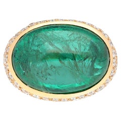 BULGARI 18K Yellow Gold Cabochon Emerald and Diamond Ring