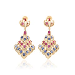BULGARI 18K Yellow Gold Cabochon Ruby, Sapphire and Diamond Ear Clips