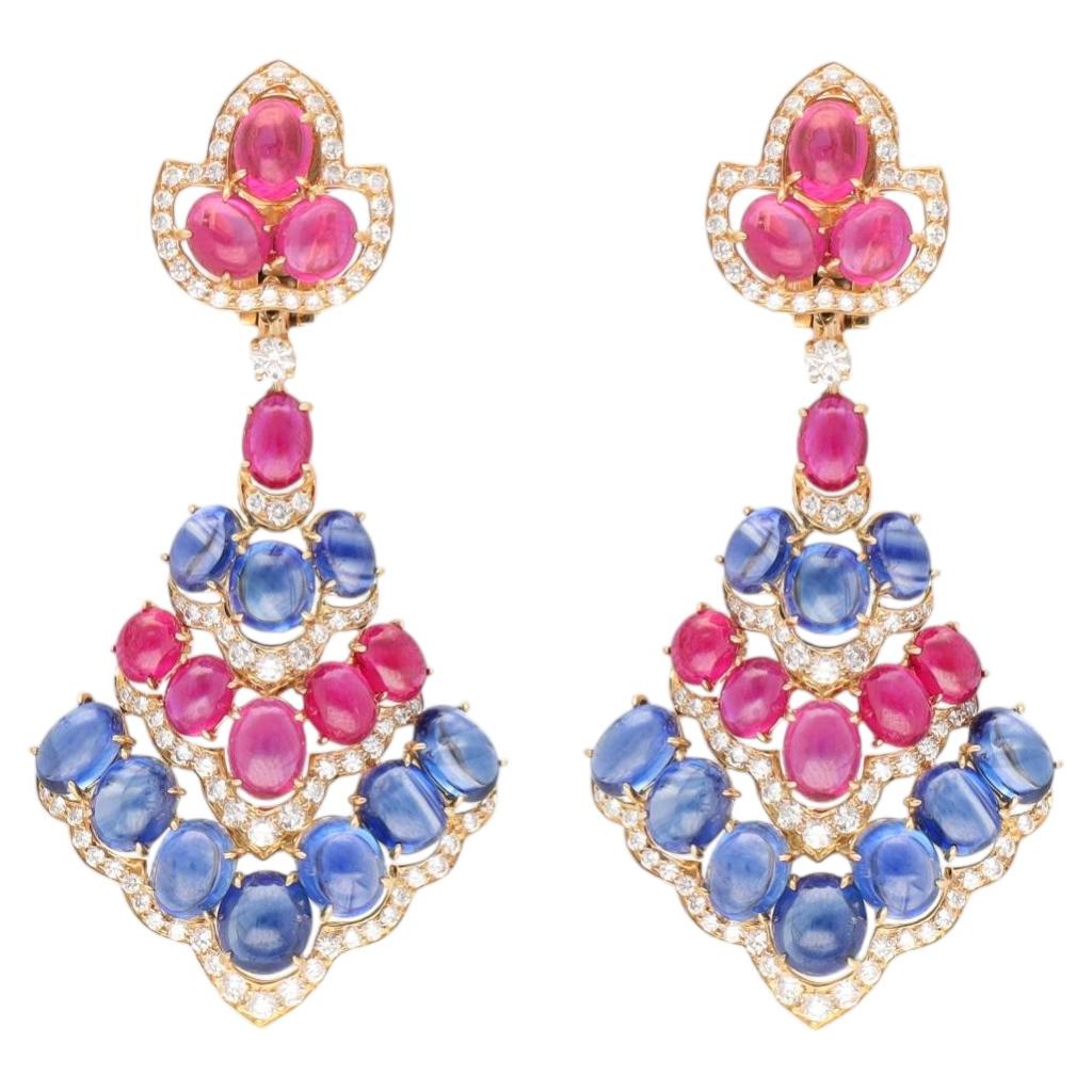 BULGARI 18K Yellow Gold Cabochon Ruby, Sapphire and Diamond Ear Clips