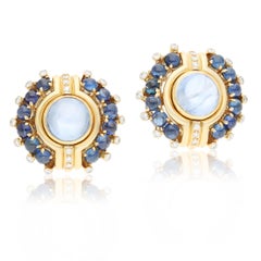 BULGARI 18K Yellow Gold Diamond and Cabochon Sapphire Ear Clips
