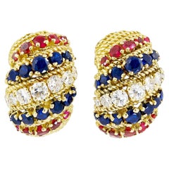 BULGARI 18K Yellow Gold, Diamond, Sapphire and Ruby Ear Clips