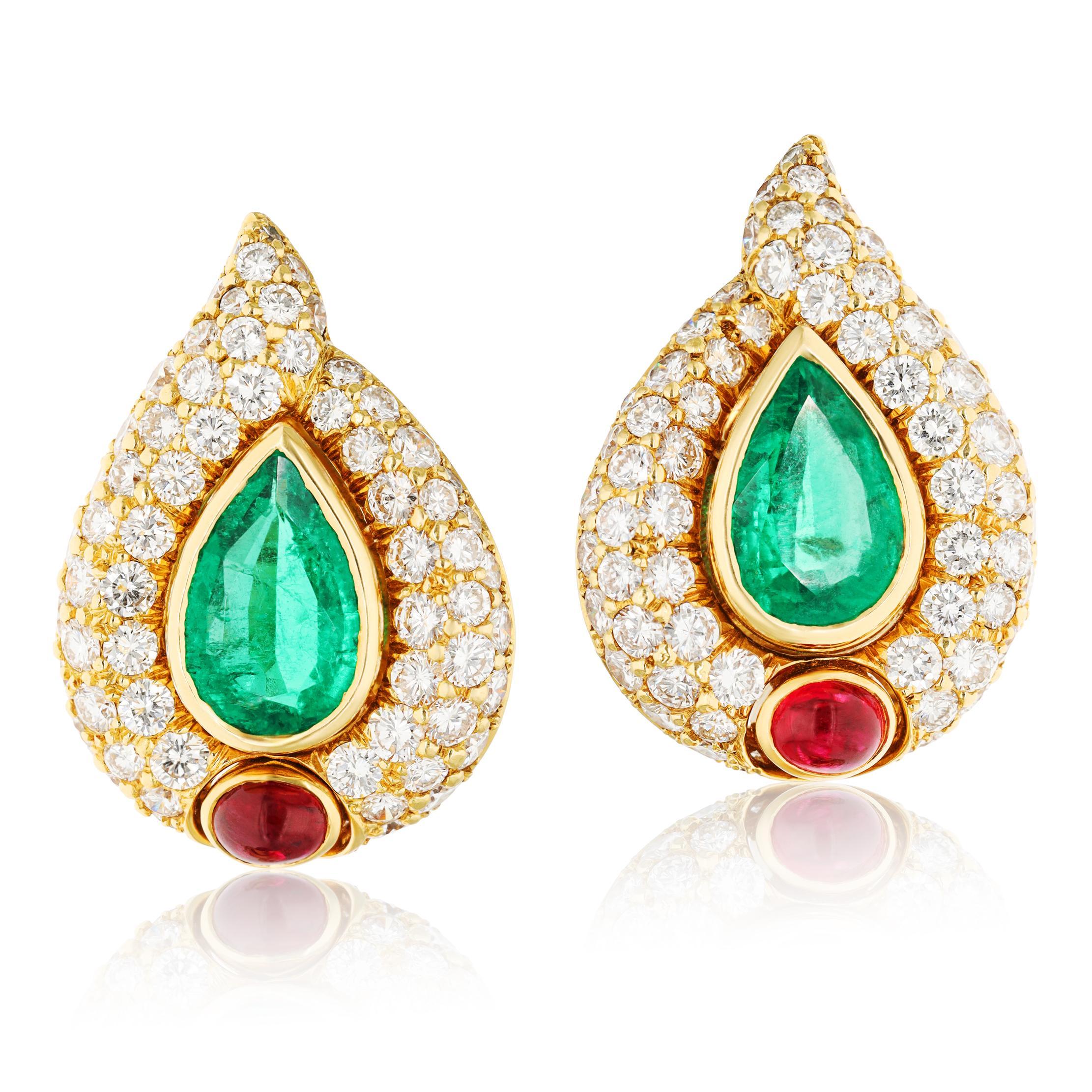 BULGARI 18K Yellow Gold Emerald, Diamond and Ruby Ear Clips