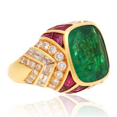 BULGARI 18K Yellow Gold Emerald, Ruby and Diamond Ring