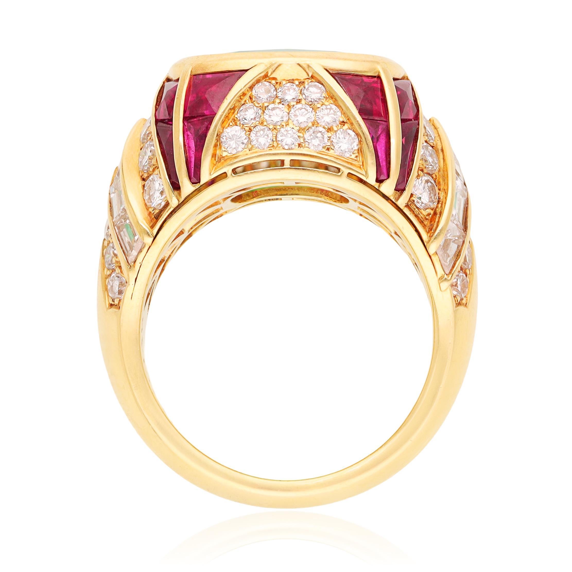 BULGARI 18K Yellow Gold Emerald, Ruby and Diamond Ring For Sale at 1stDibs