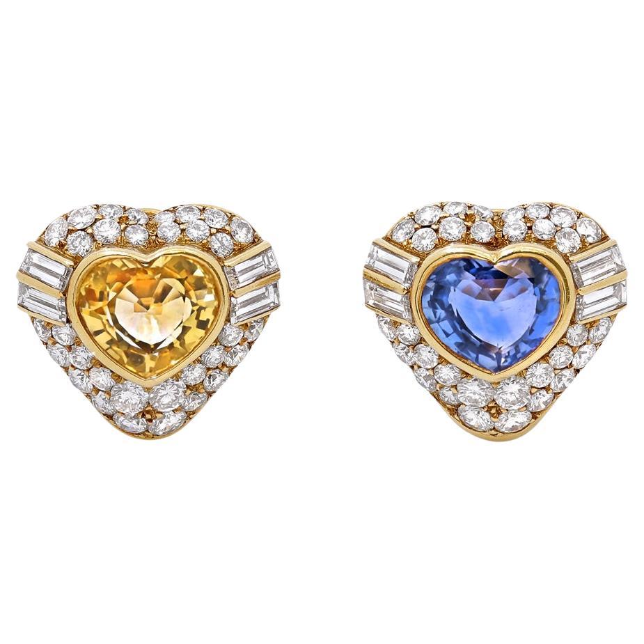 Bulgari 18K Yellow Gold Heart-Shaped Blue & Yellow Sapphire Diamond Earrings