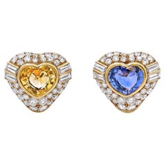 Pendientes Bulgari de oro amarillo de 18 quilates con diamantes en forma de corazón de zafiro azul y amarillo