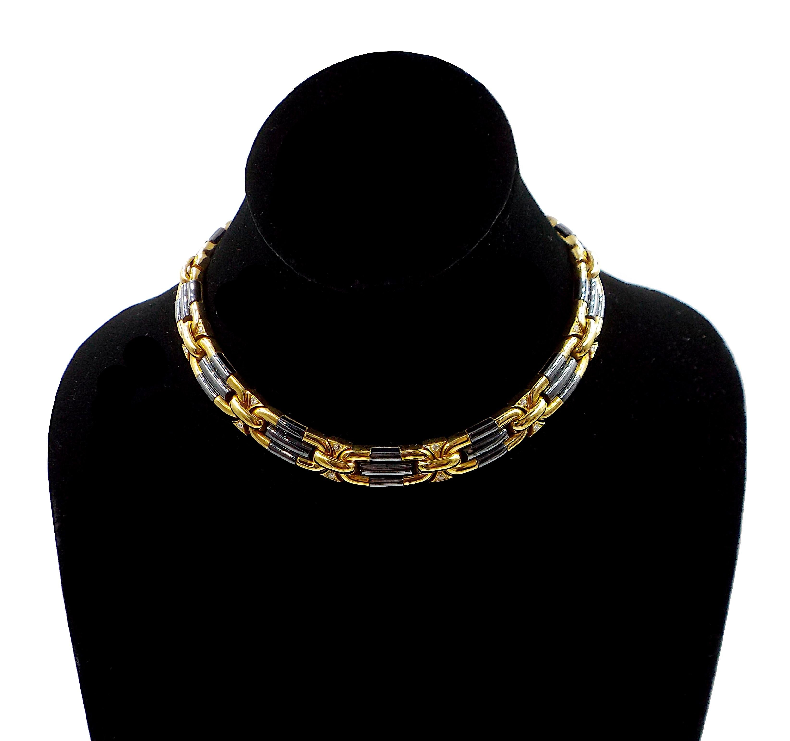 Round Cut Bulgari 18K Yellow Gold Hematite Diamond Collar Necklace For Sale