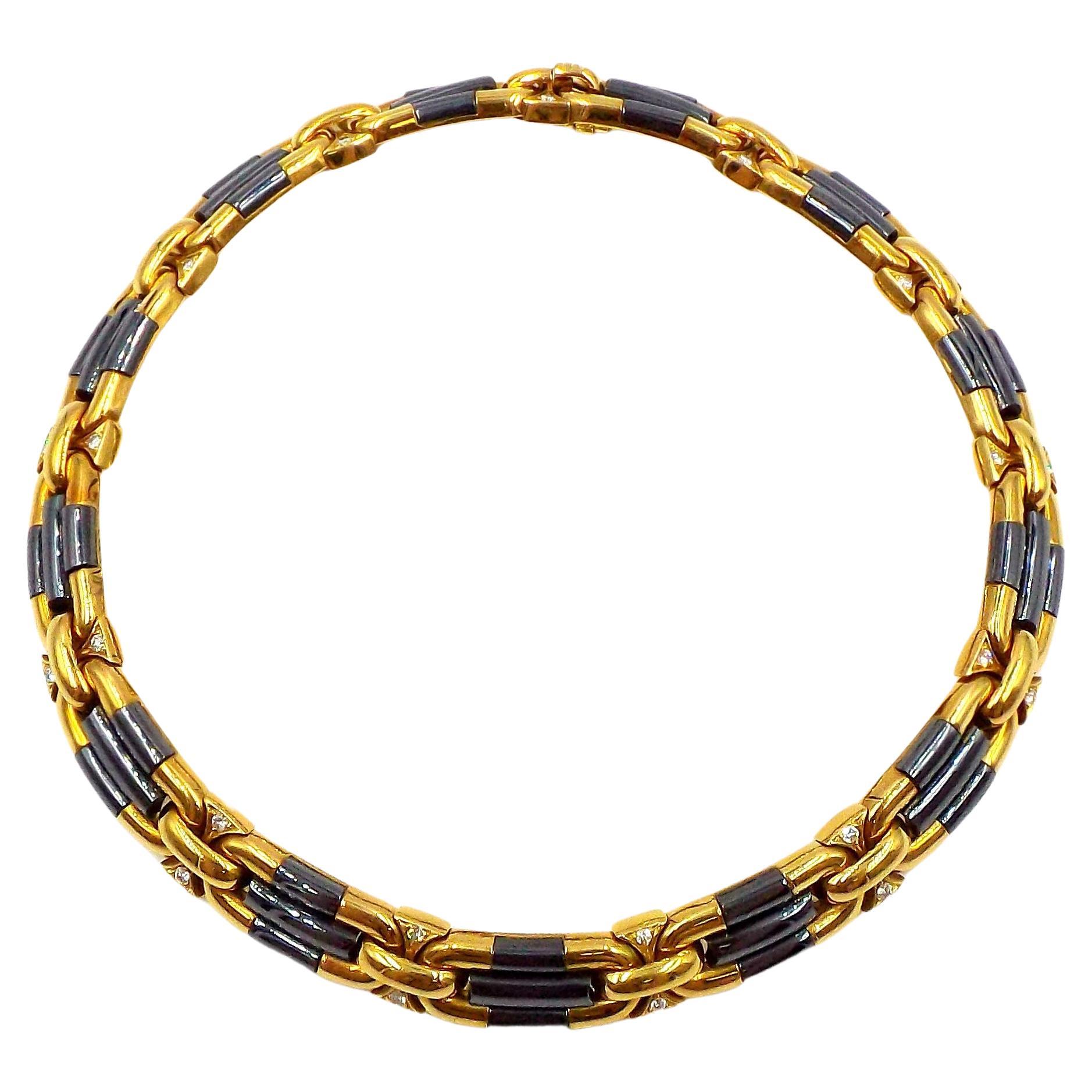 Bulgari 18K Yellow Gold Hematite Diamond Collar Necklace For Sale