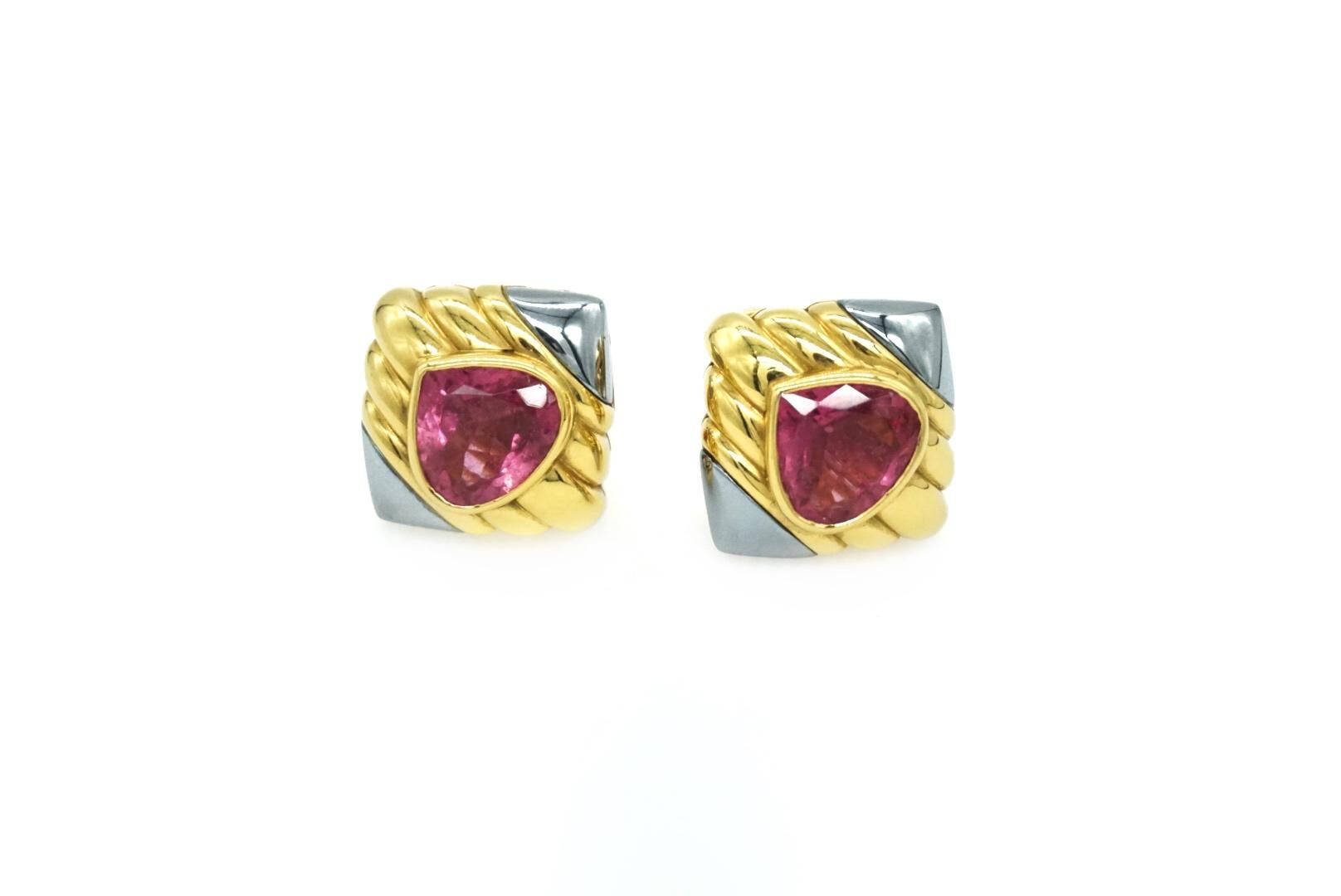 Bulgari 18k Yellow Gold, Hematite & Pink Tourmaline Earrings In Excellent Condition For Sale In New York, NY