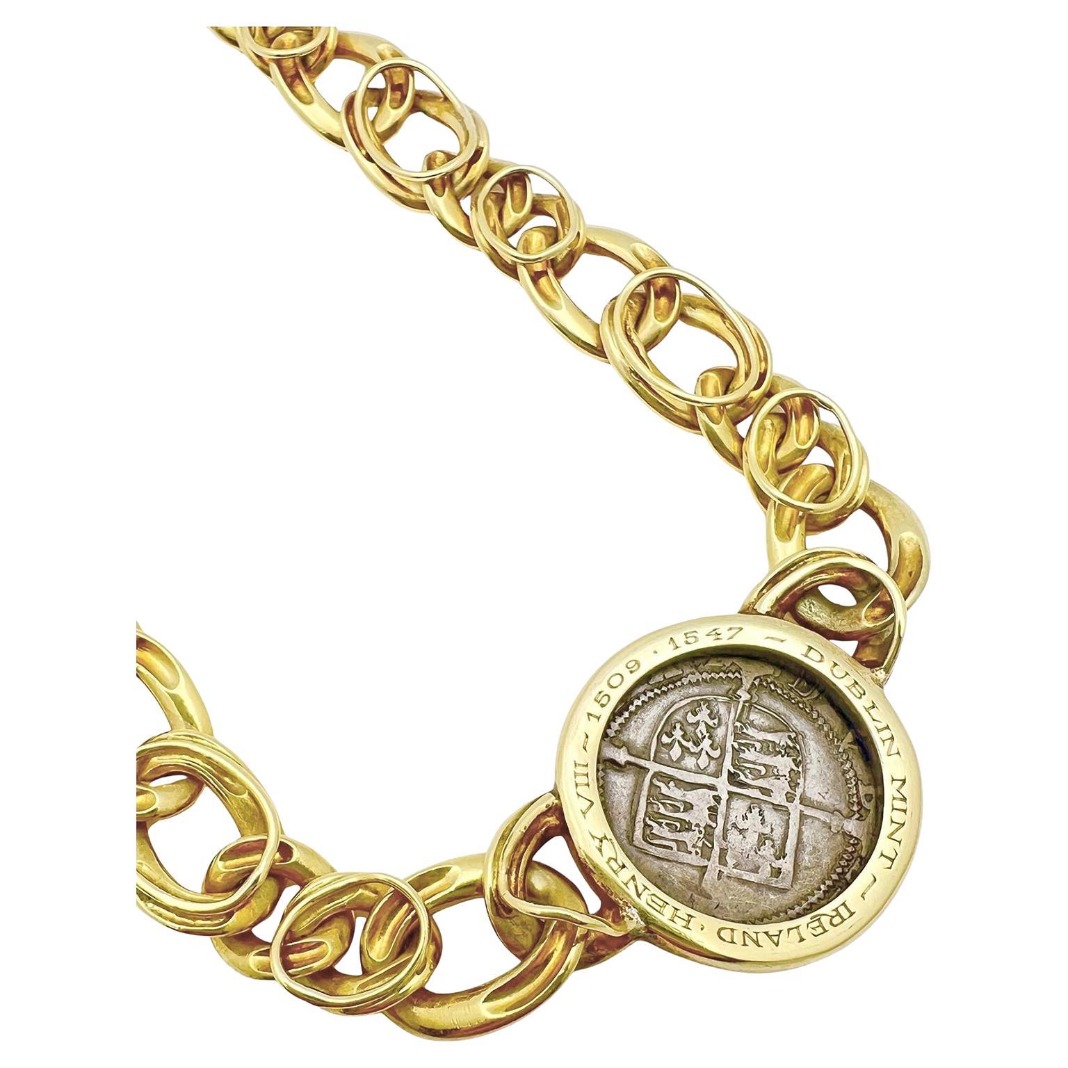 Bulgari 18 Karat Gelbgold Henry VIII Silbermünze Monete Halskette im Zustand „Hervorragend“ in Palm Beach, FL