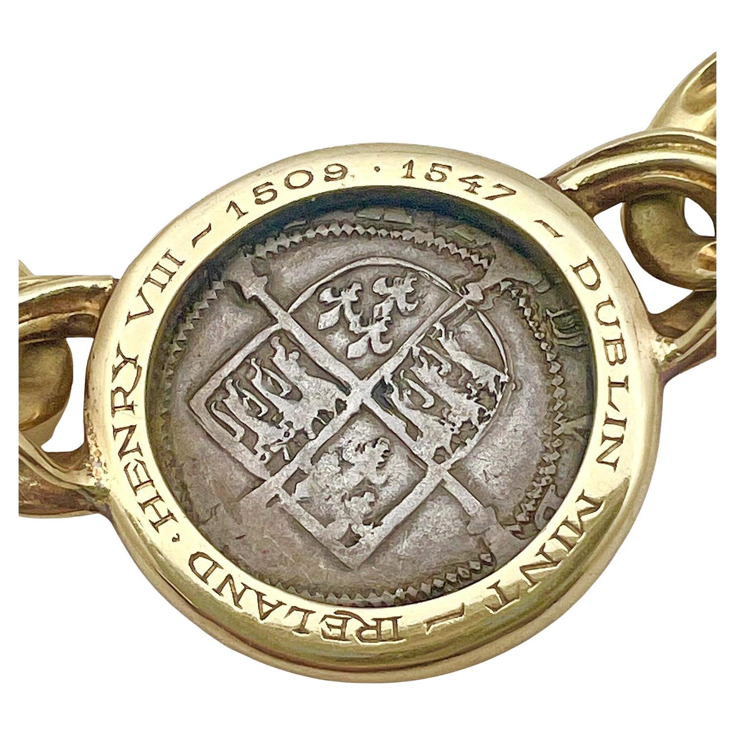 Bulgari 18 Karat Gelbgold Henry VIII Silbermünze Monete Halskette Damen