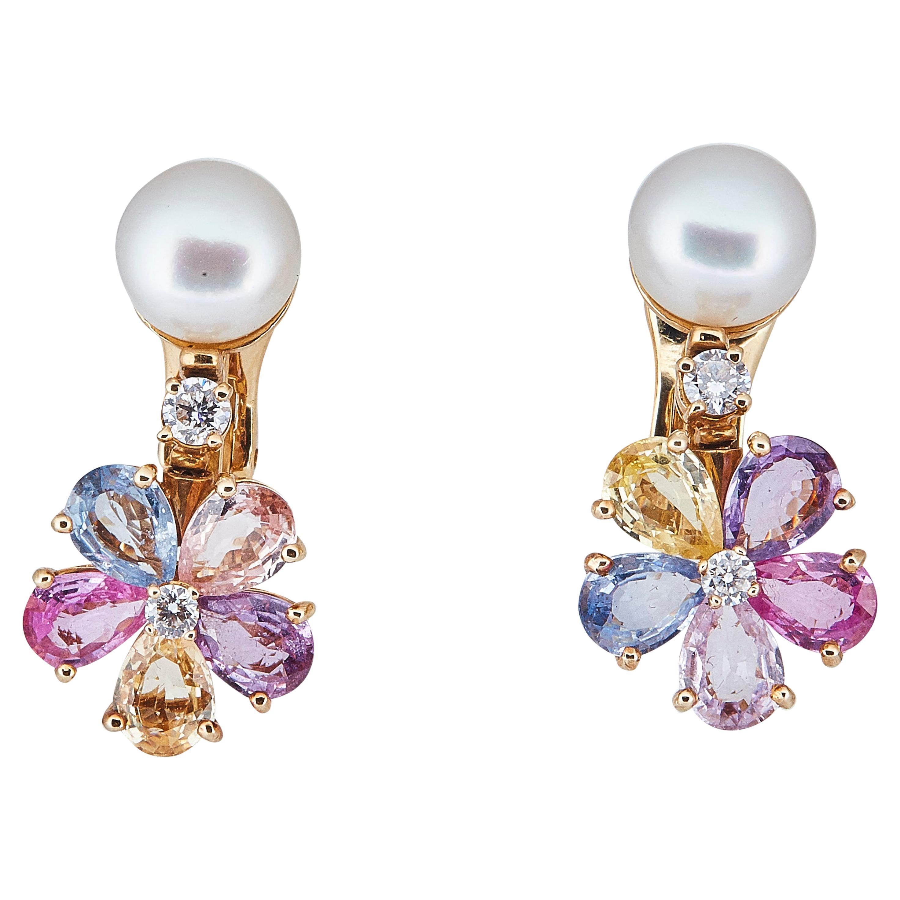 Bulgari 18K Yellow Gold Multi-Hue Sapphire Pearl Diamond Earrings For Sale