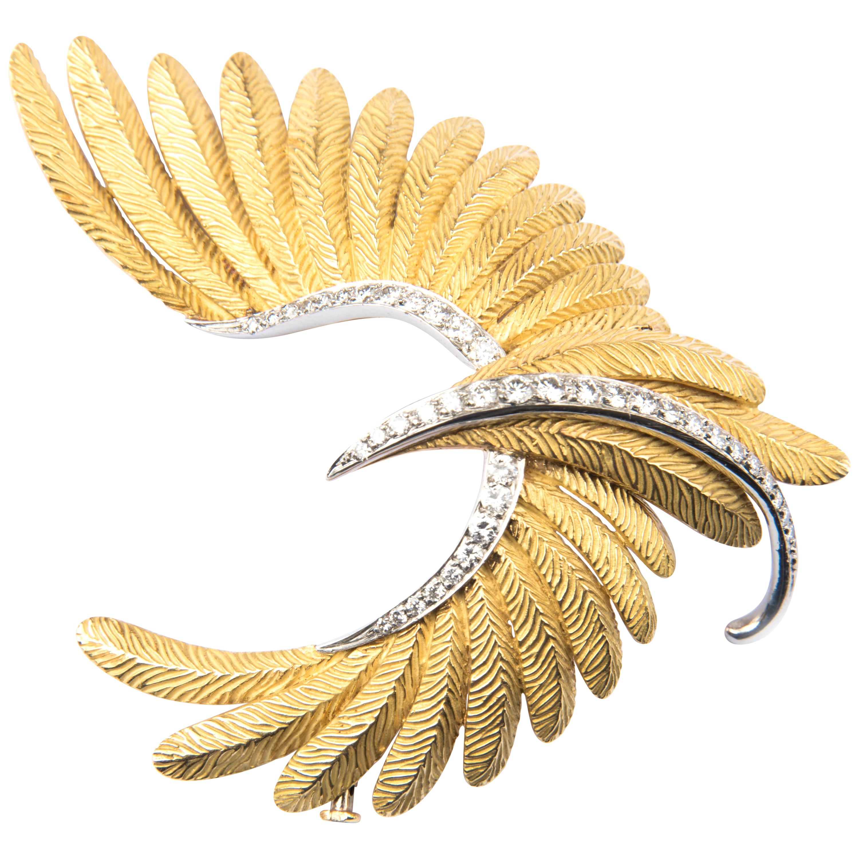 Bulgari 18k Yellow Gold Platinum and Diamond Bird Brooch For Sale