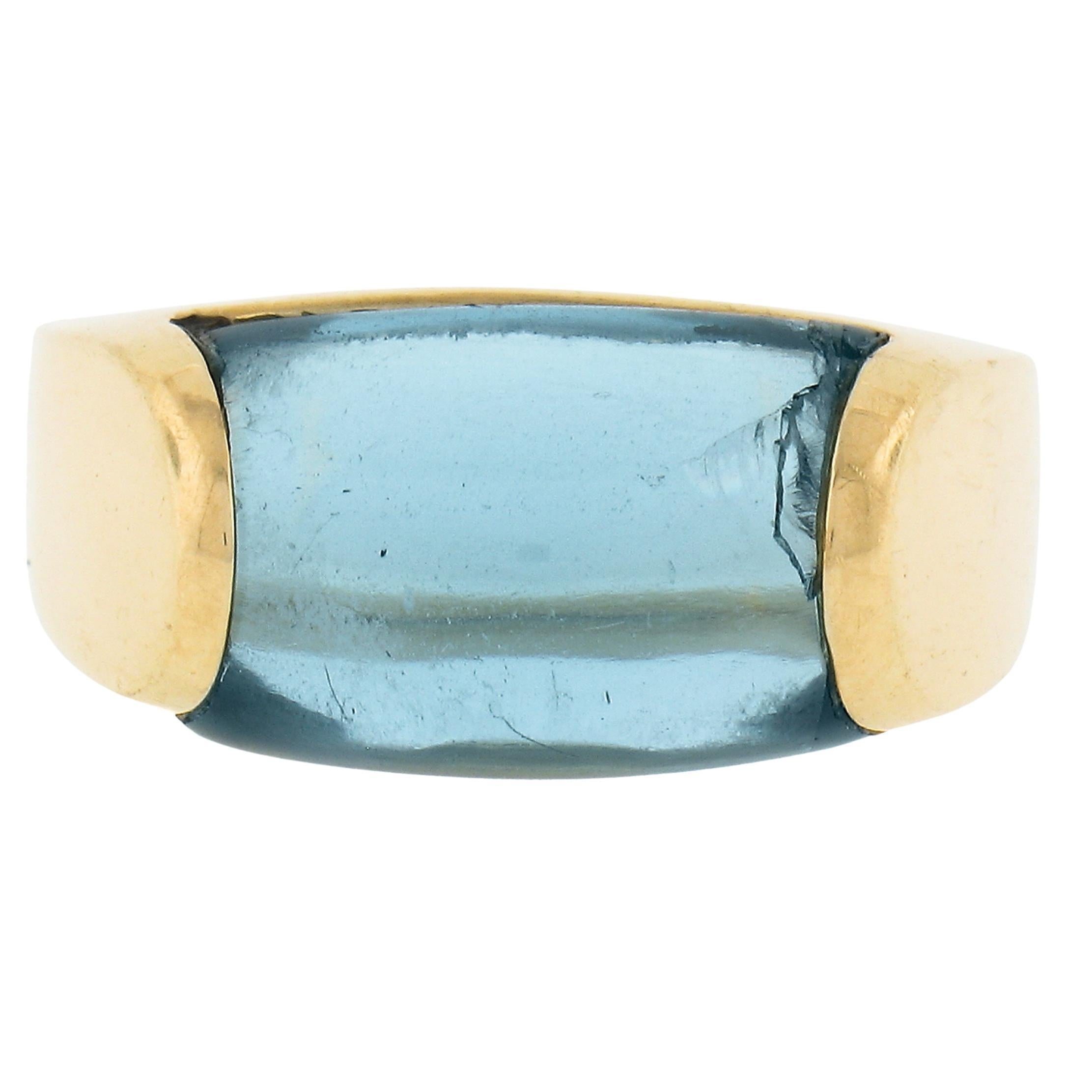 Bulgari 18K Yellow Gold Rectangular Blue Topaz Solitaire 9.2mm Wide Band Ring For Sale