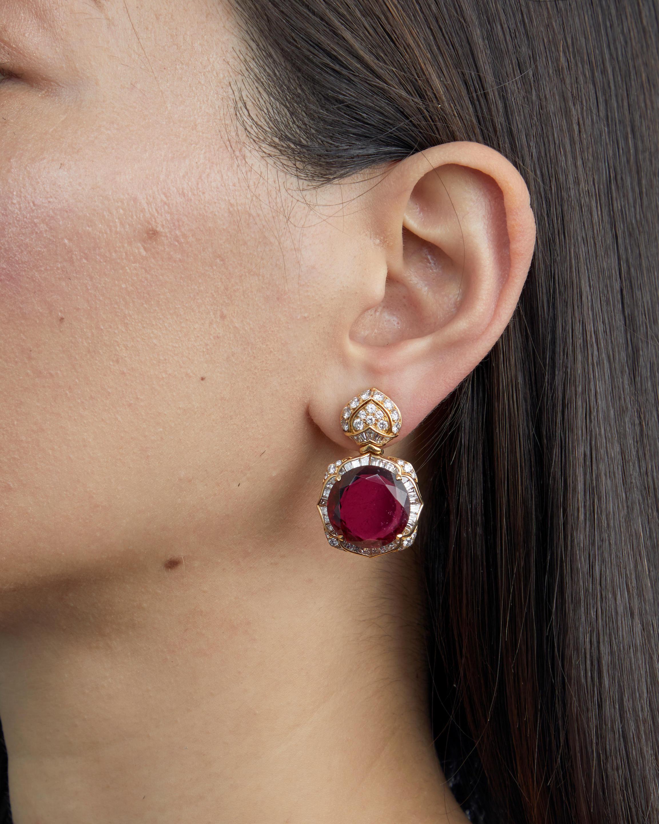 Gorgeous, Unique Rubellite Earrings by Bulgari
Part of their Lotus Collection from the 1990s
Include Appx 1.9 cts of round and baguette diamonds
Signed 