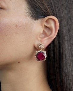 Bulgari Boucles d'oreilles Lotus en or jaune 18k avec tourmaline rubellite et diamant Rare !