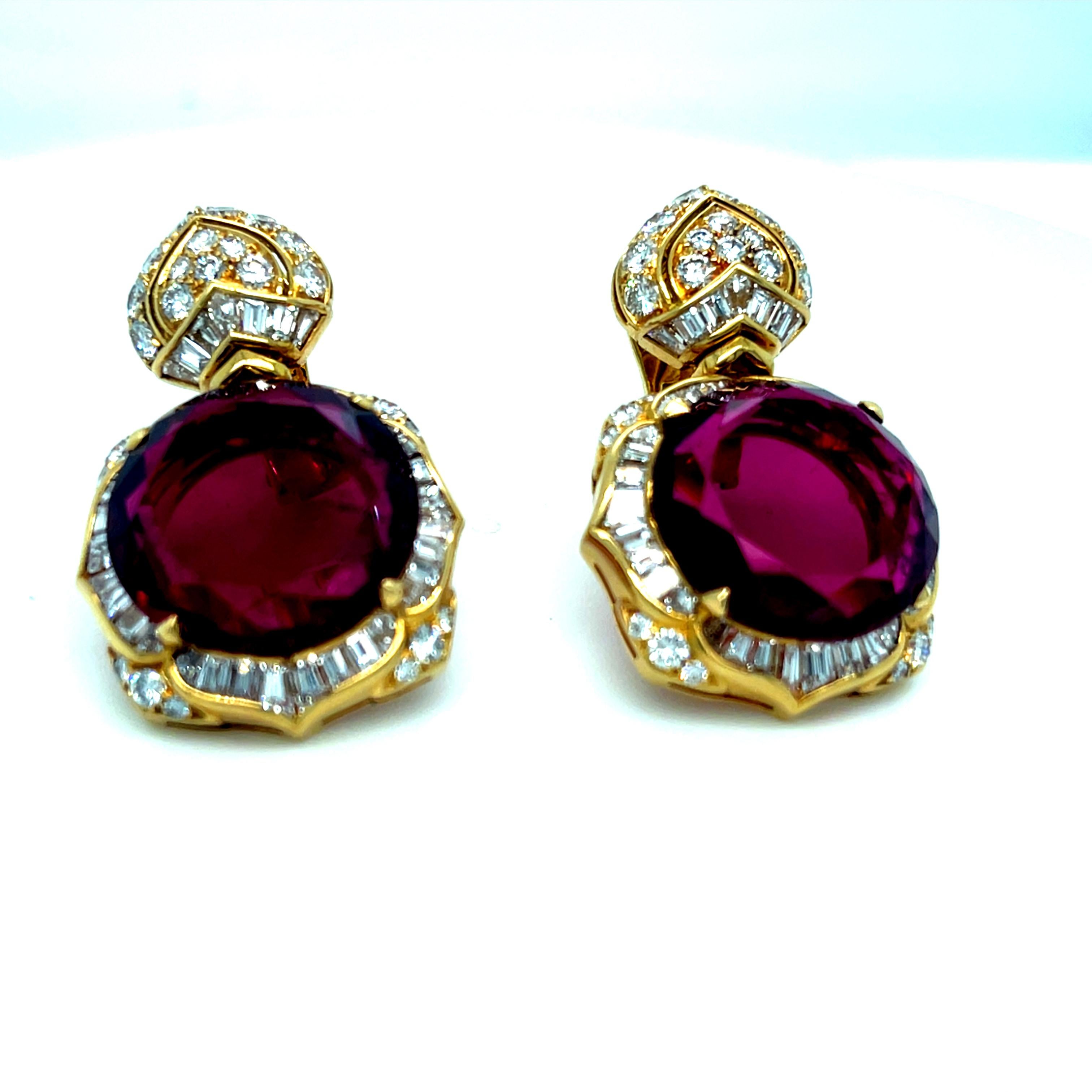 Modern Bulgari 18k Yellow Gold Rubellite Tourmaline and Diamond Lotus Earrings Rare! For Sale