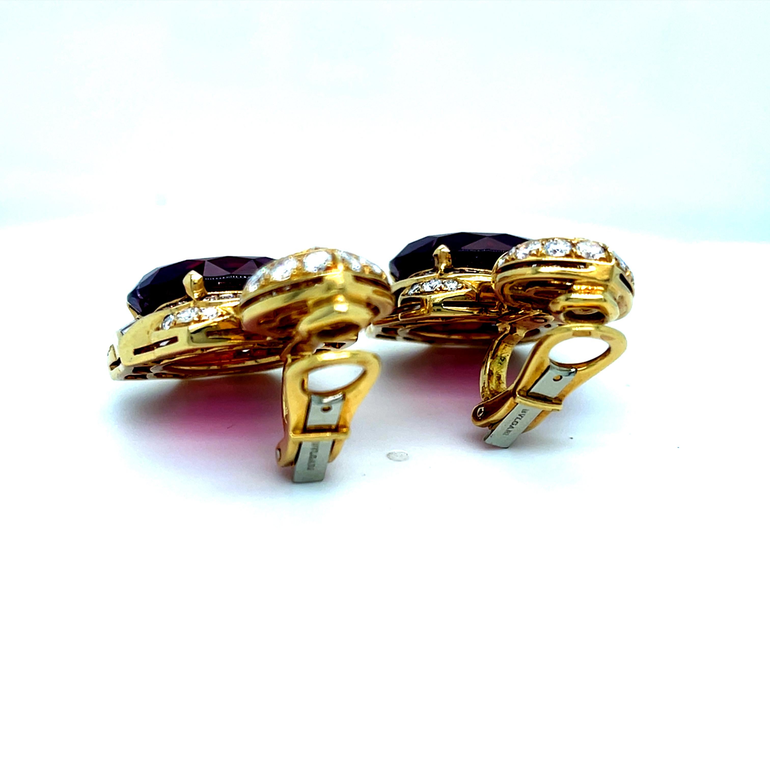Women's or Men's Bulgari 18k Yellow Gold Rubellite Tourmaline and Diamond Lotus Earrings Rare! For Sale
