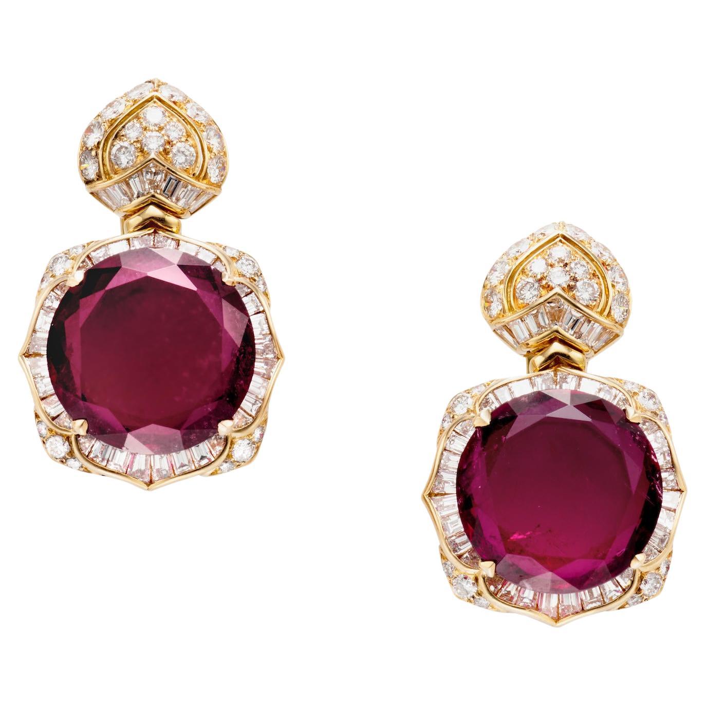 Bulgari 18k Yellow Gold Rubellite Tourmaline and Diamond Lotus Earrings Rare!