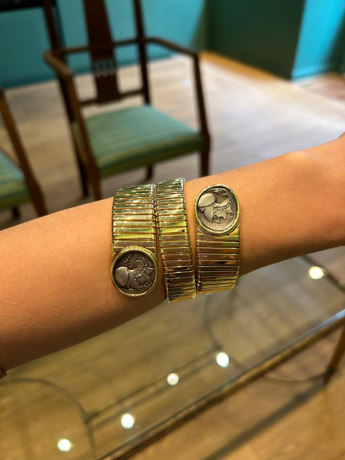 Bulgari 18K Yellow Gold Two Silver Coin 'Monete' Tubogas Bracelet For Sale 6