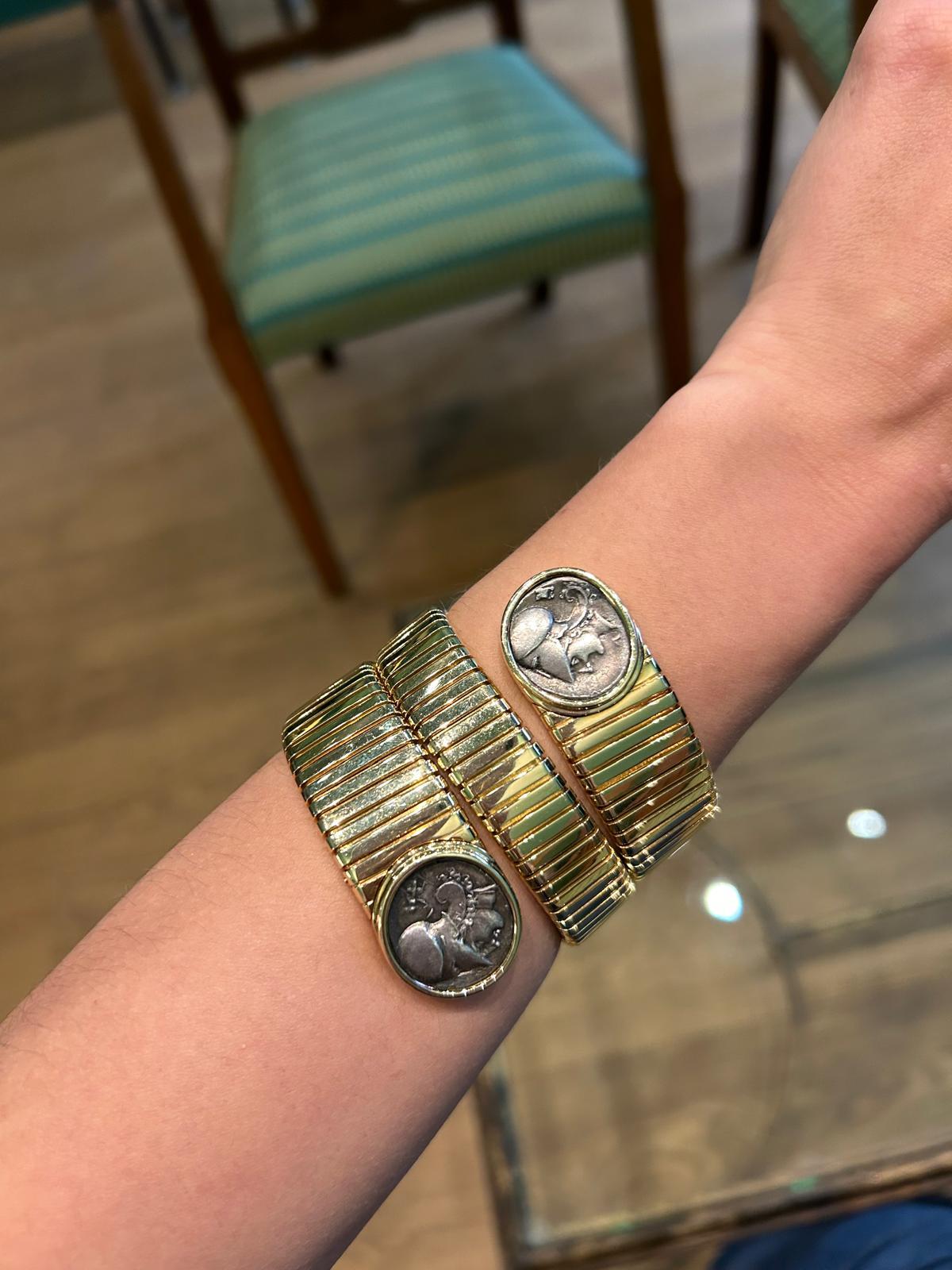 Bulgari 18K Yellow Gold Two Silver Coin 'Monete' Tubogas Bracelet For Sale 7