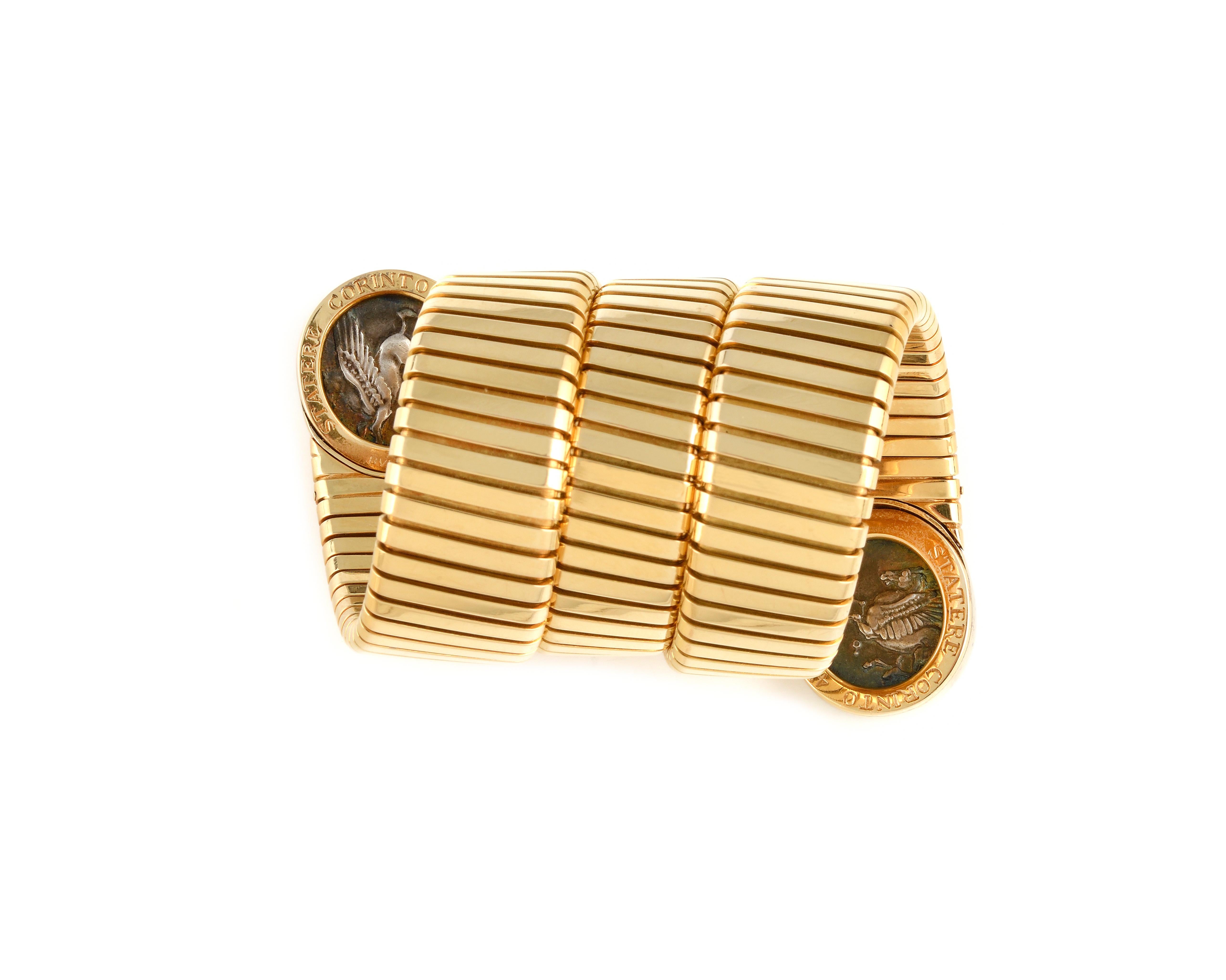Bulgari 18K Yellow Gold Two Silver Coin 'Monete' Tubogas Bracelet In Good Condition For Sale In PARIS, FR