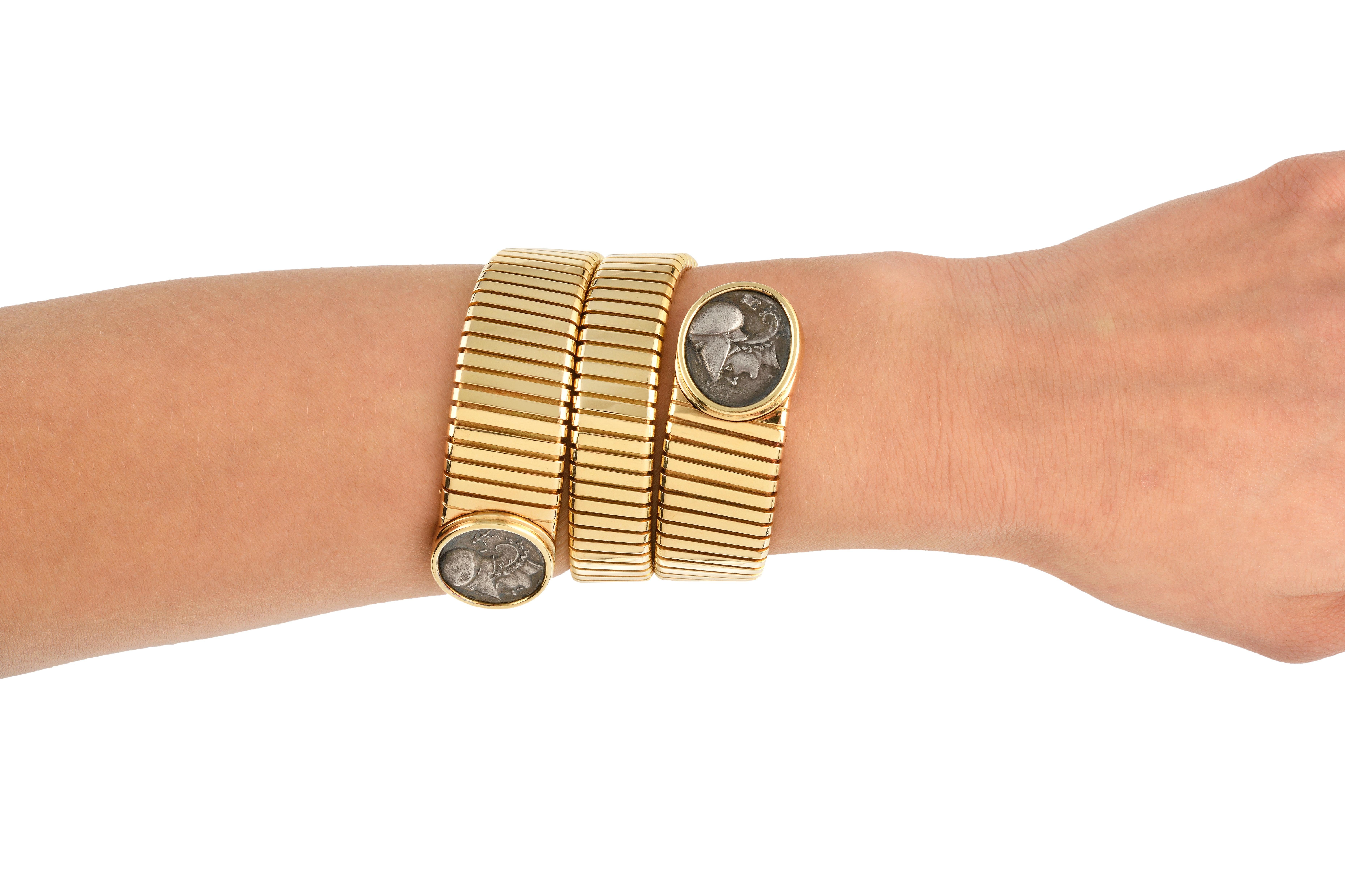 Bulgari 18K Yellow Gold Two Silver Coin 'Monete' Tubogas Bracelet For Sale 1