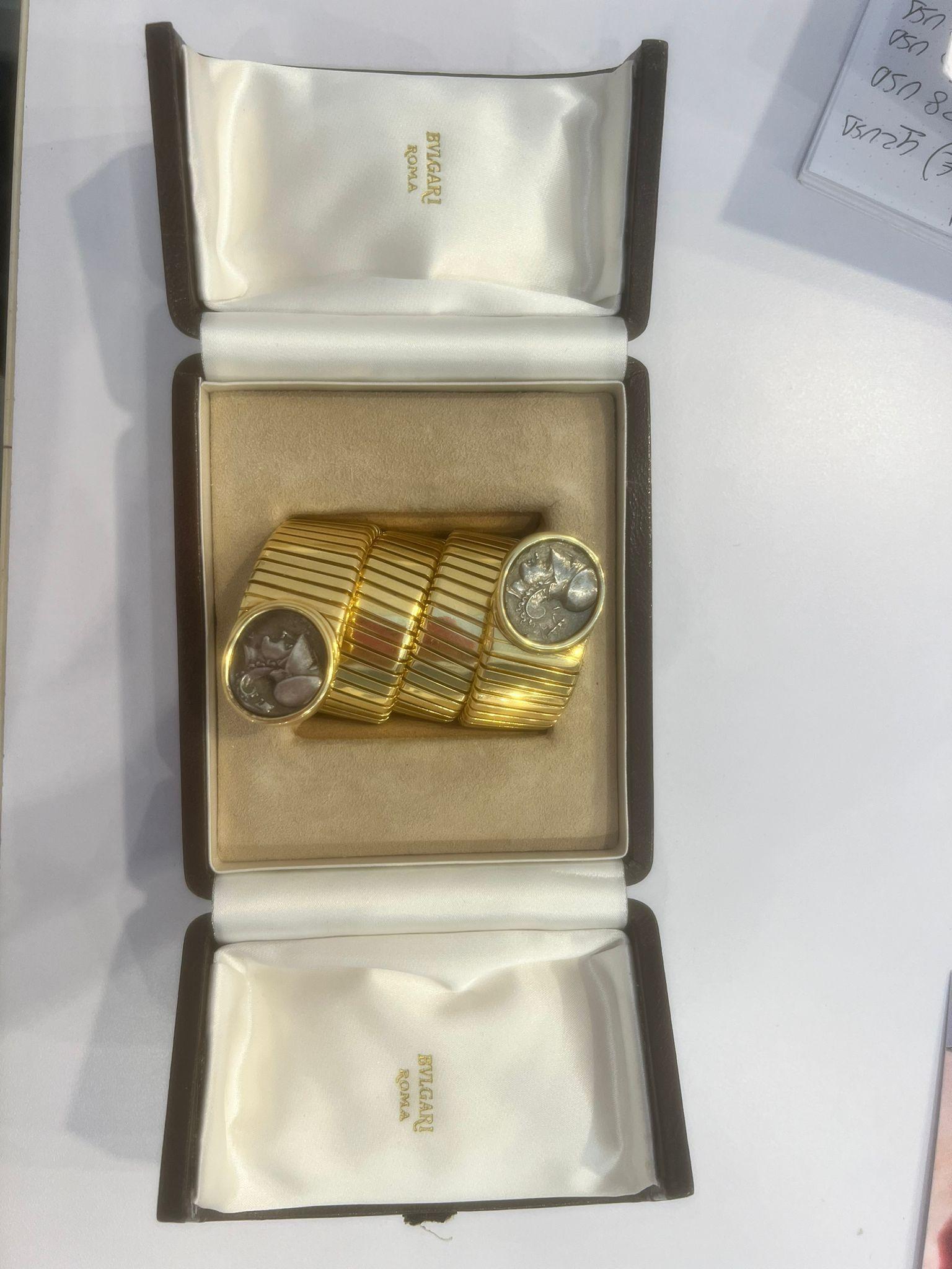 Bulgari 18K Yellow Gold Two Silver Coin 'Monete' Tubogas Bracelet For Sale 4