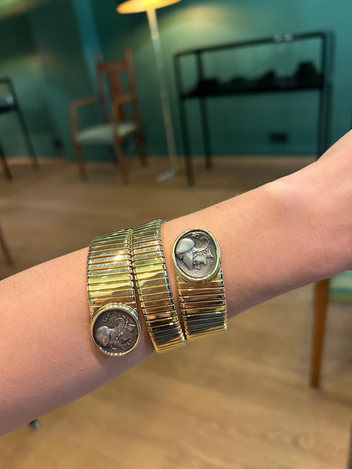 Bulgari 18K Yellow Gold Two Silver Coin 'Monete' Tubogas Bracelet For Sale 5