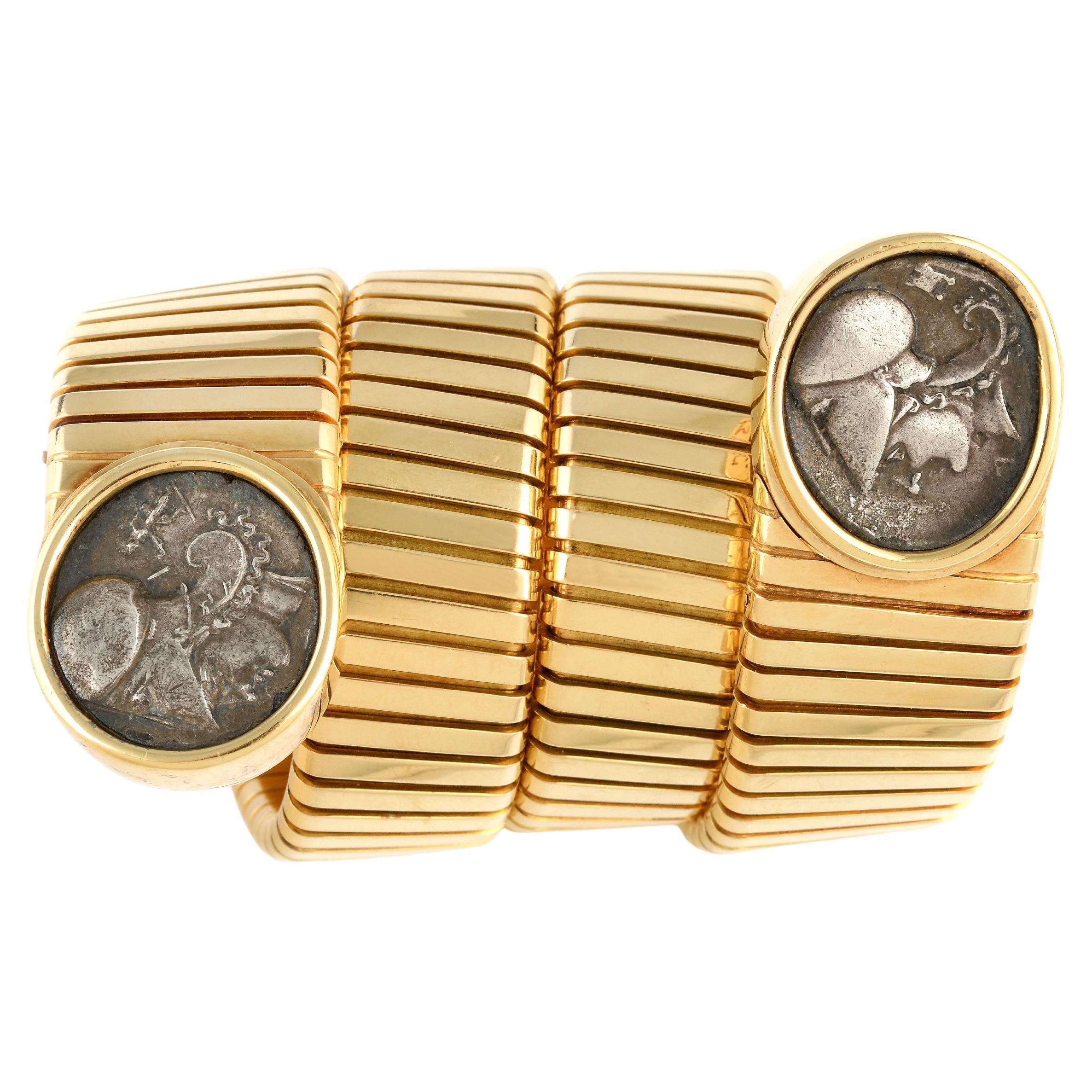 Bulgari 18K Yellow Gold Two Silver Coin 'Monete' Tubogas Bracelet