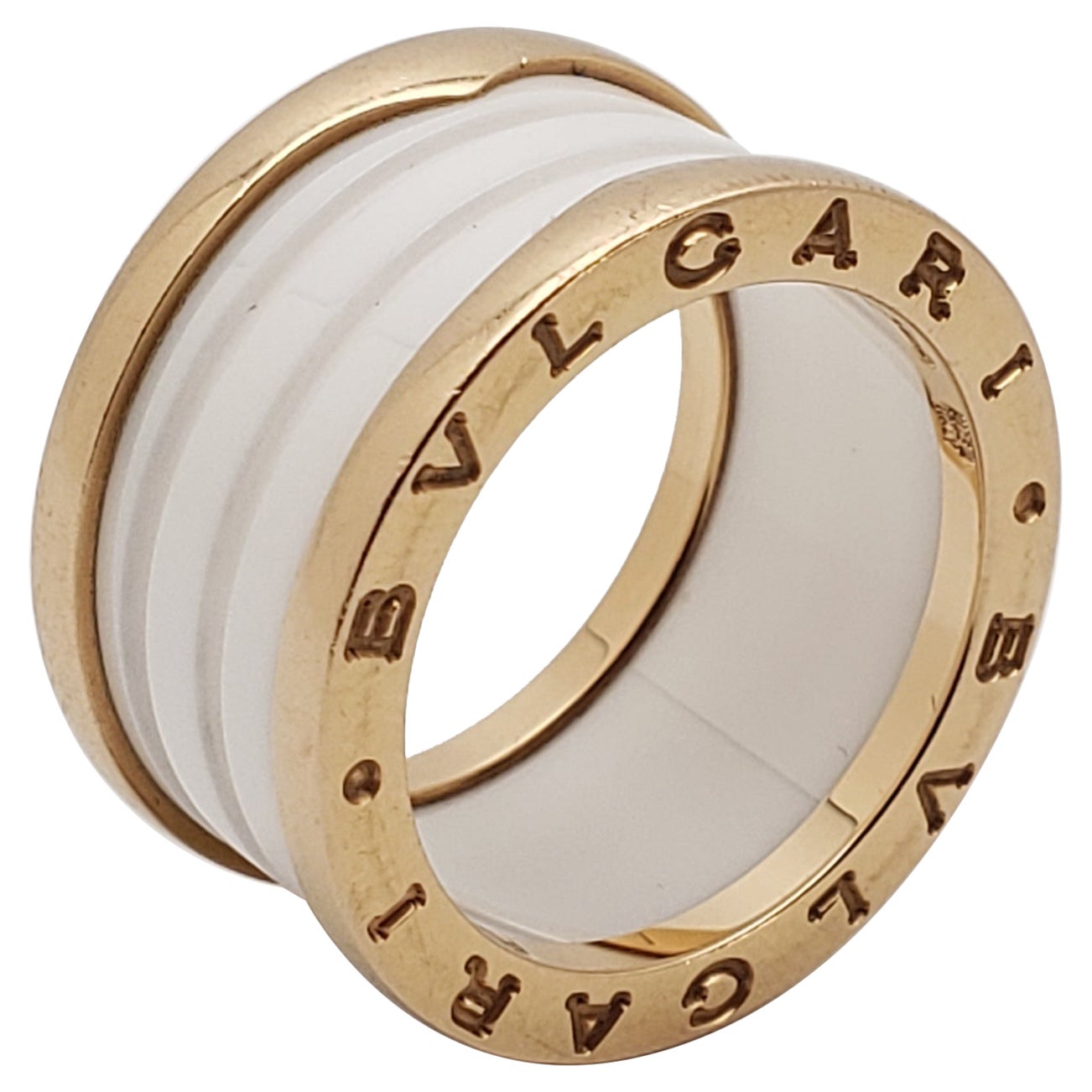 Bulgari 18K Yellow Gold White Ceramic Designer Band Ring For Sale