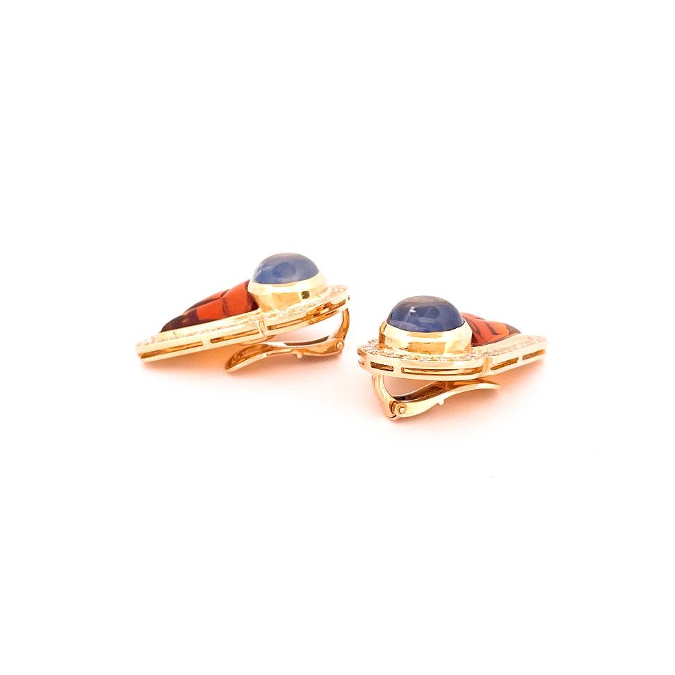 Bulgari 18k Yellow & White Gold Citrine & Blue Sapphire Wing Earrings In Excellent Condition In Dallas, TX