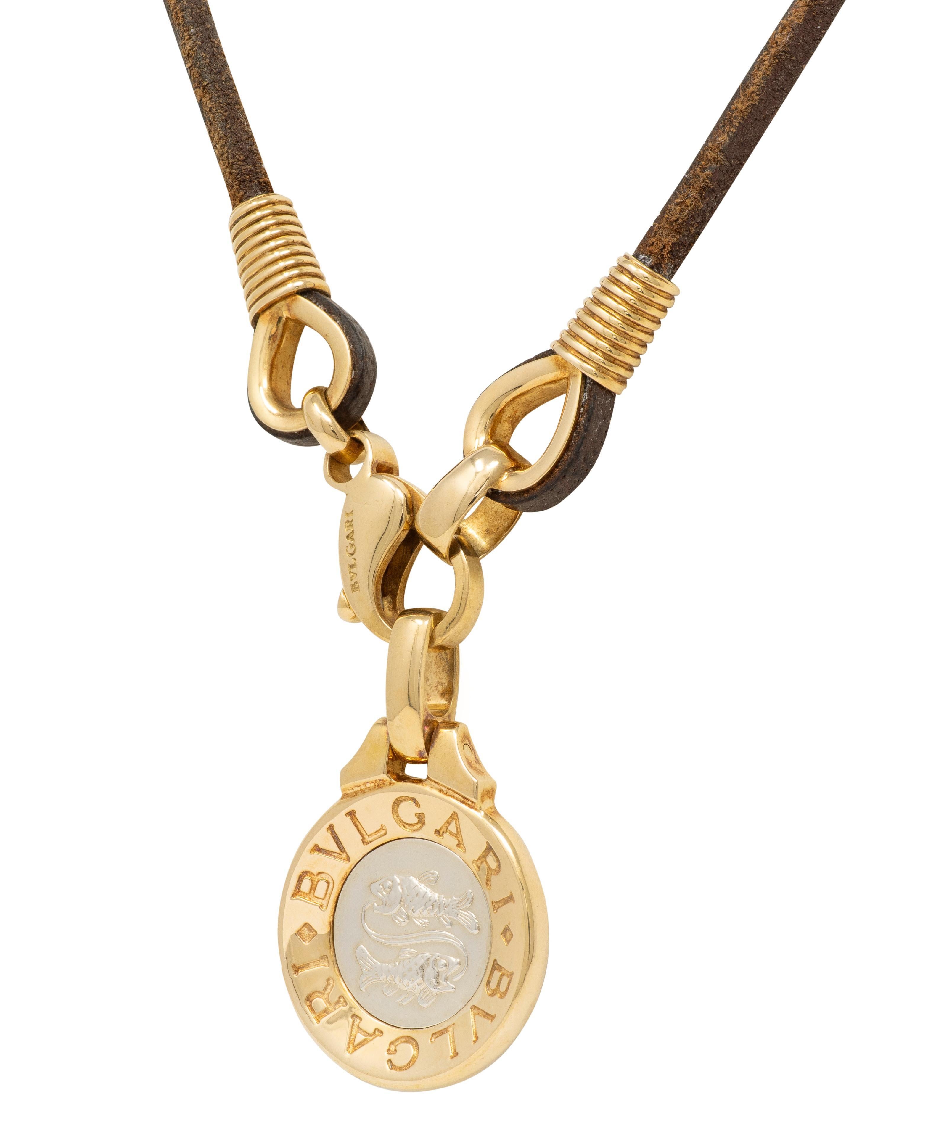 Bulgari 18K Yellow White Gold Pisces Zodiac Vintage Leather Pendant Necklace en venta 7