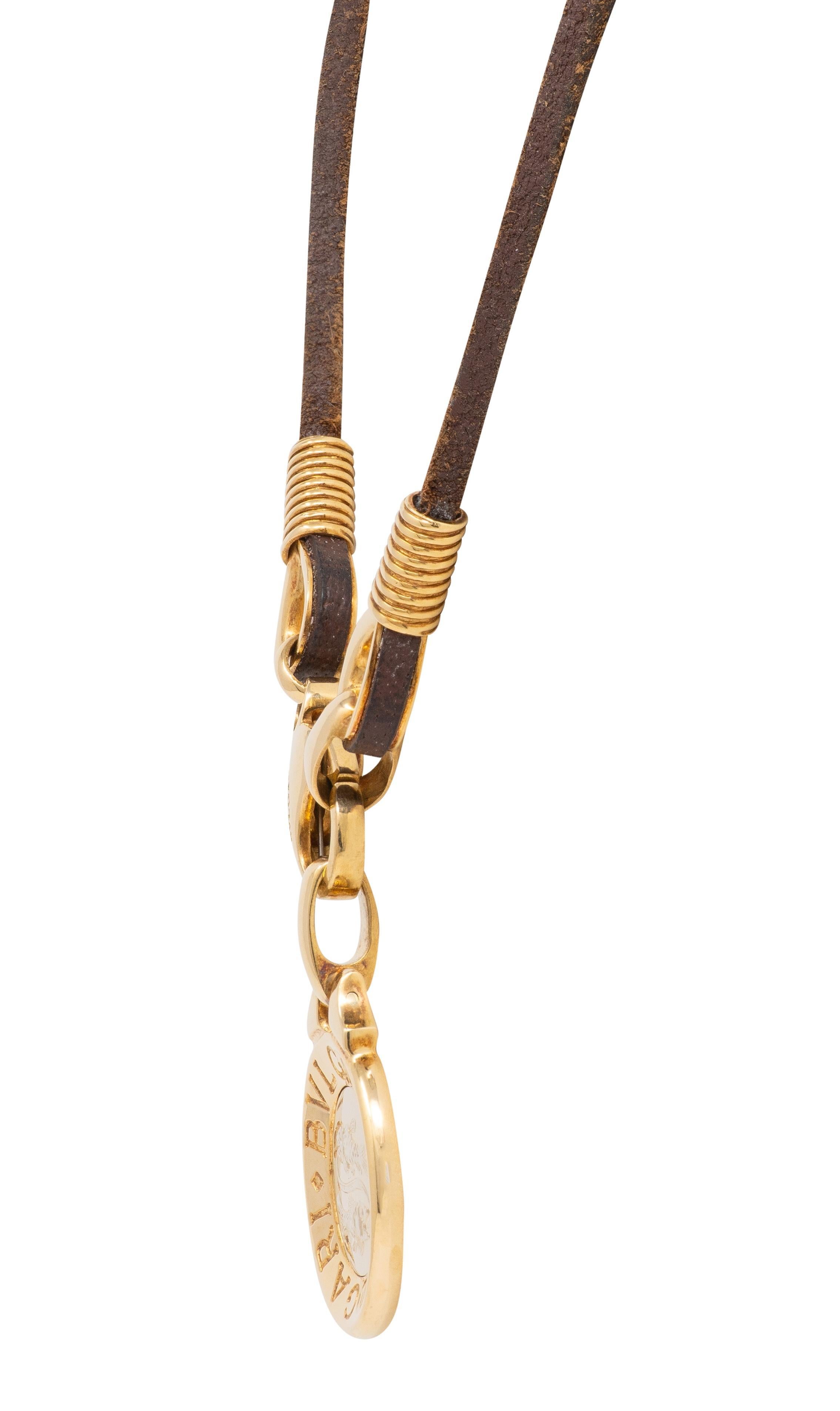 De las mujeres Bulgari 18K Yellow White Gold Pisces Zodiac Vintage Leather Pendant Necklace en venta