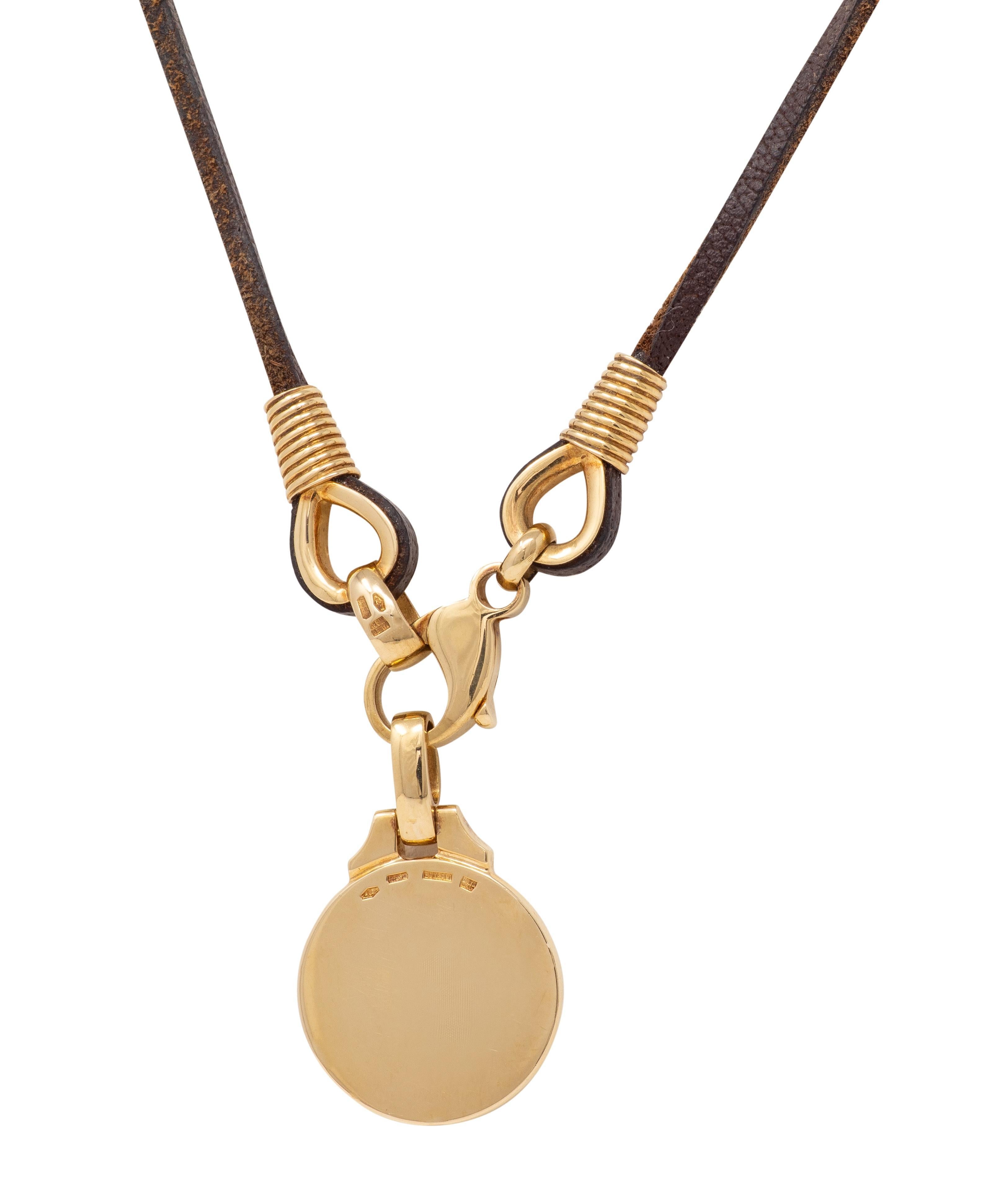 Bulgari 18K Yellow White Gold Pisces Zodiac Vintage Leather Pendant Necklace en venta 1