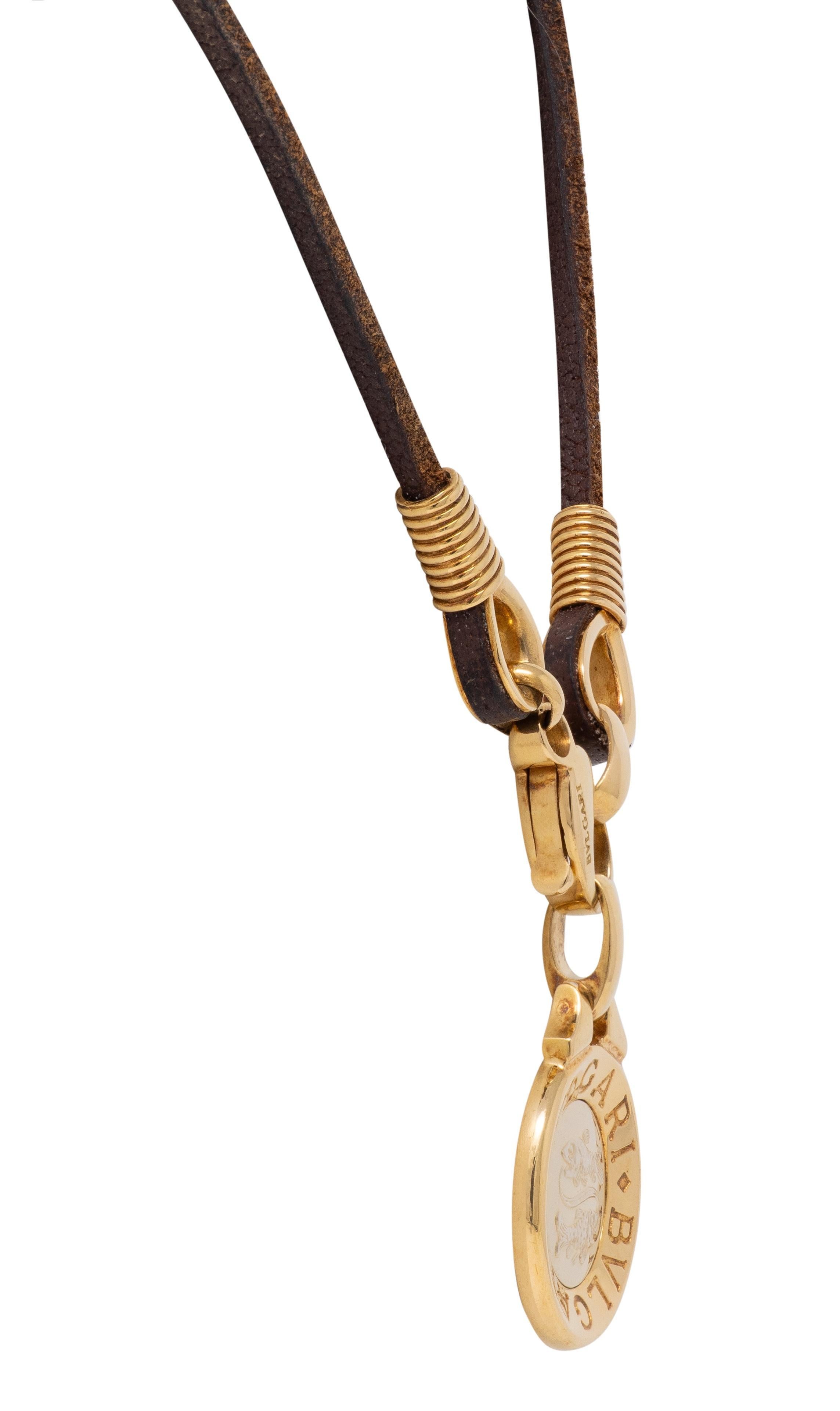Bulgari 18K Yellow White Gold Pisces Zodiac Vintage Leather Pendant Necklace en venta 2