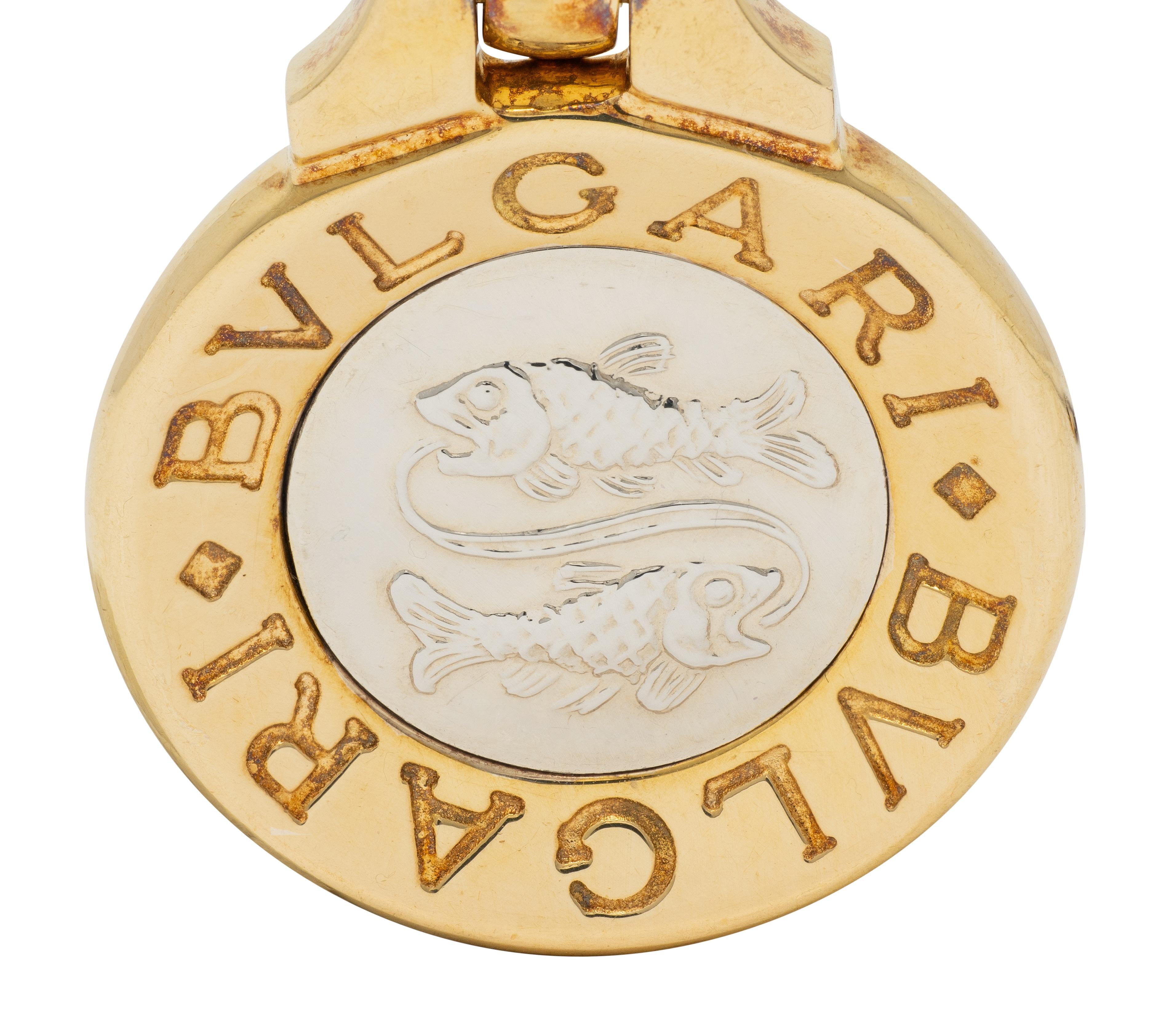 Bulgari 18K Yellow White Gold Pisces Zodiac Vintage Leather Pendant Necklace en venta 3