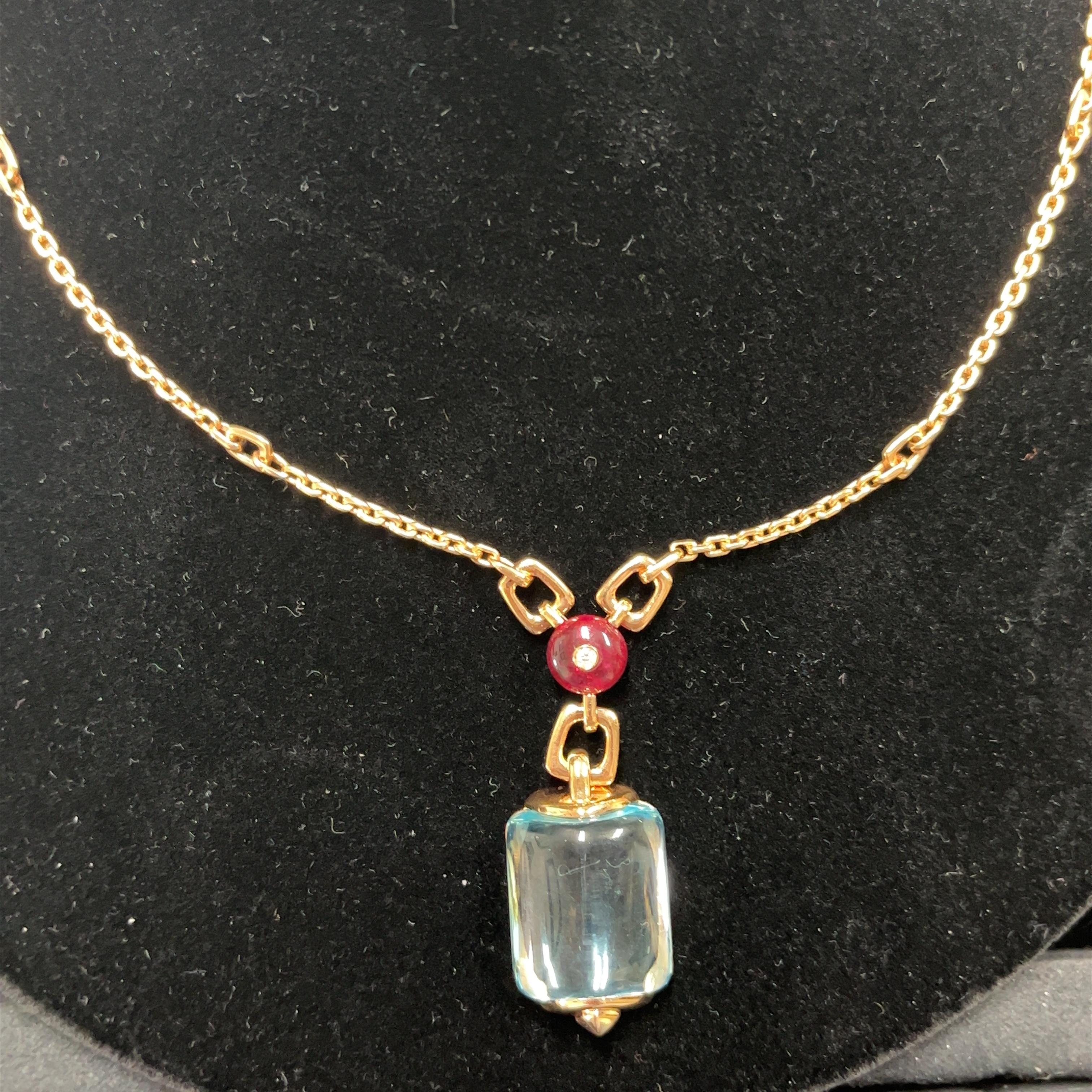 Bulgari 18kt Gold Chain with Large Topaz Cabochon Dangling on Ruby and Diamond In Good Condition In Miami, FL