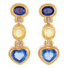 Bulgari 18 Karat Gold, Sapphire, Yellow Sapphire and Diamond Pendant Earrings