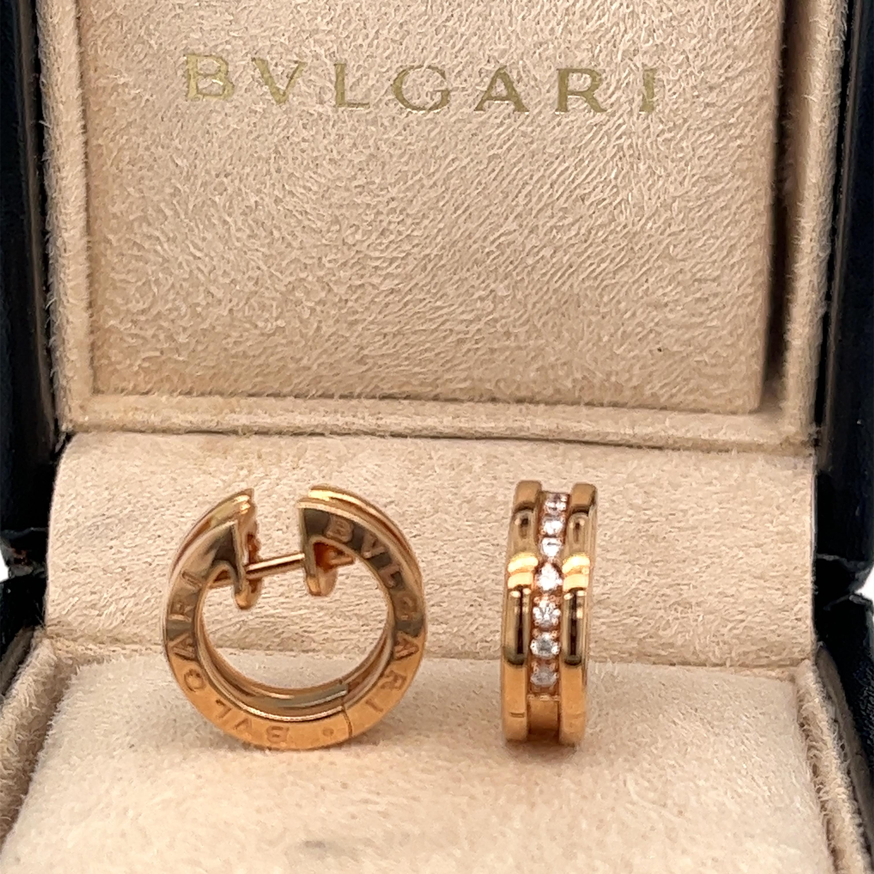 Offered here is a authentic Bulgari 18kt Rose Gold with Diamonds Small B.Zero 1 Hoop Earrings, in great condition with box.