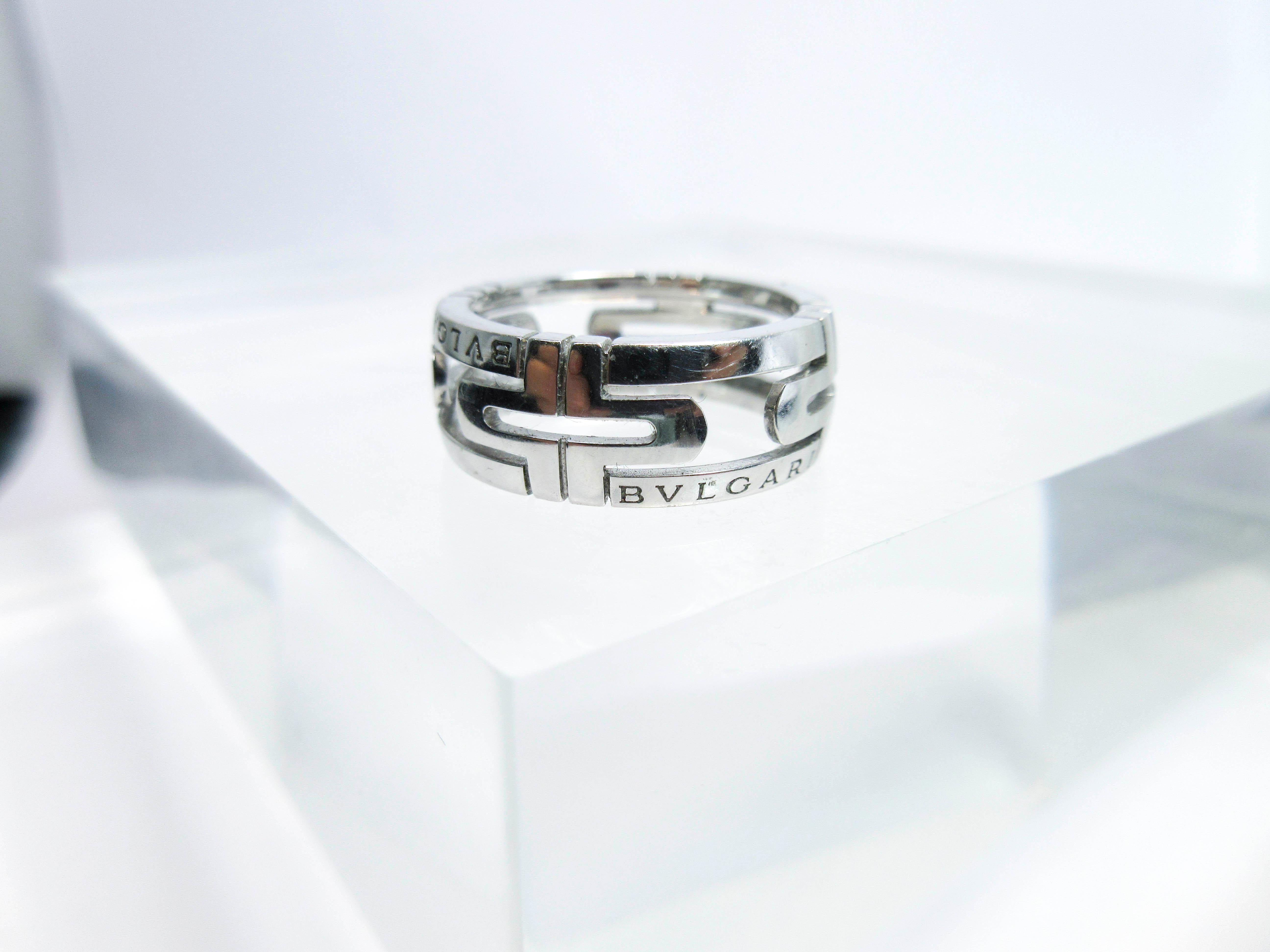 This Bulgari design is composed of 18KT white gold. Size 6.5. Please feel free to ask us any questions you may have.