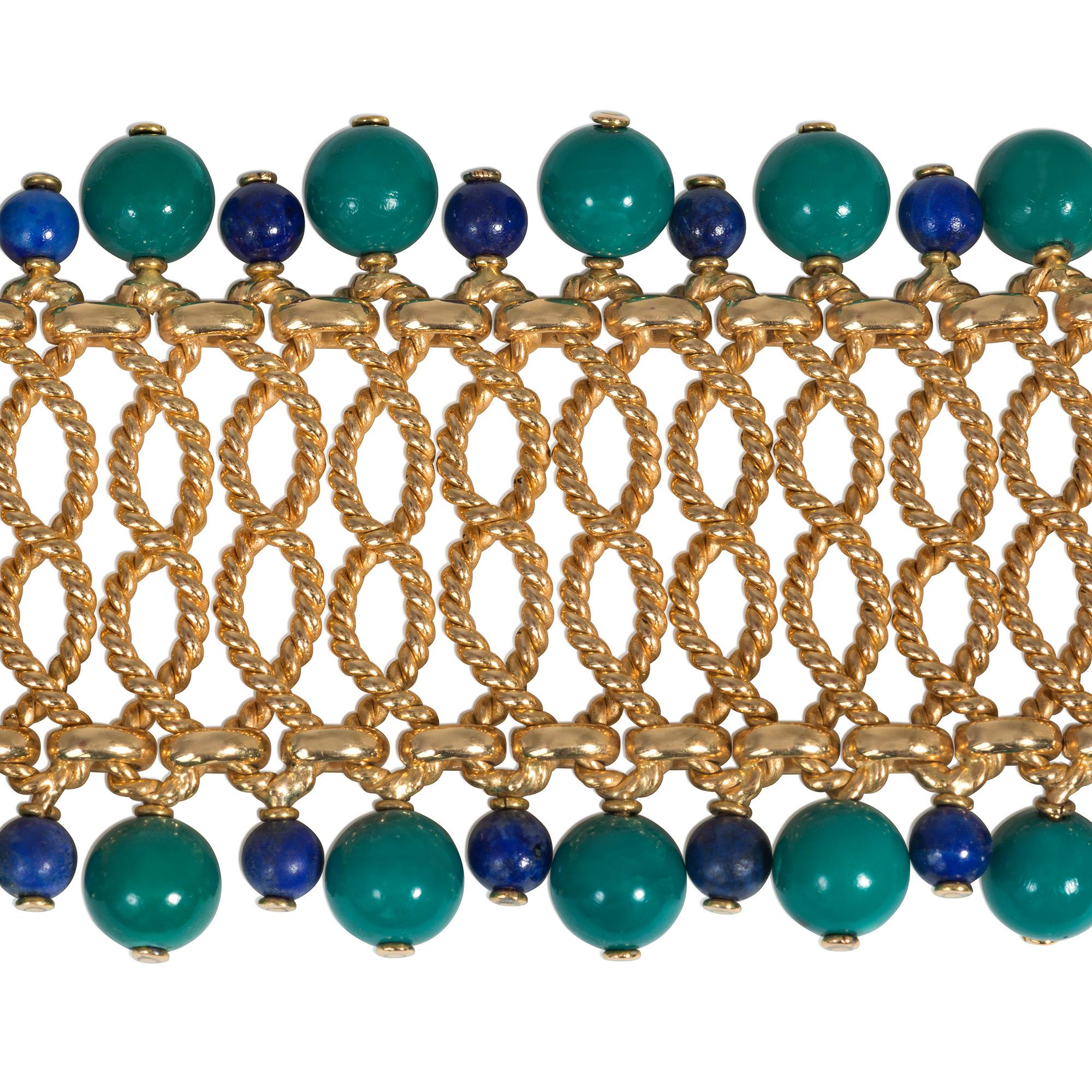 Modern Bulgari 1950s Gold, Turquoise, and Lapis Bracelet; Matching Necklace Available For Sale